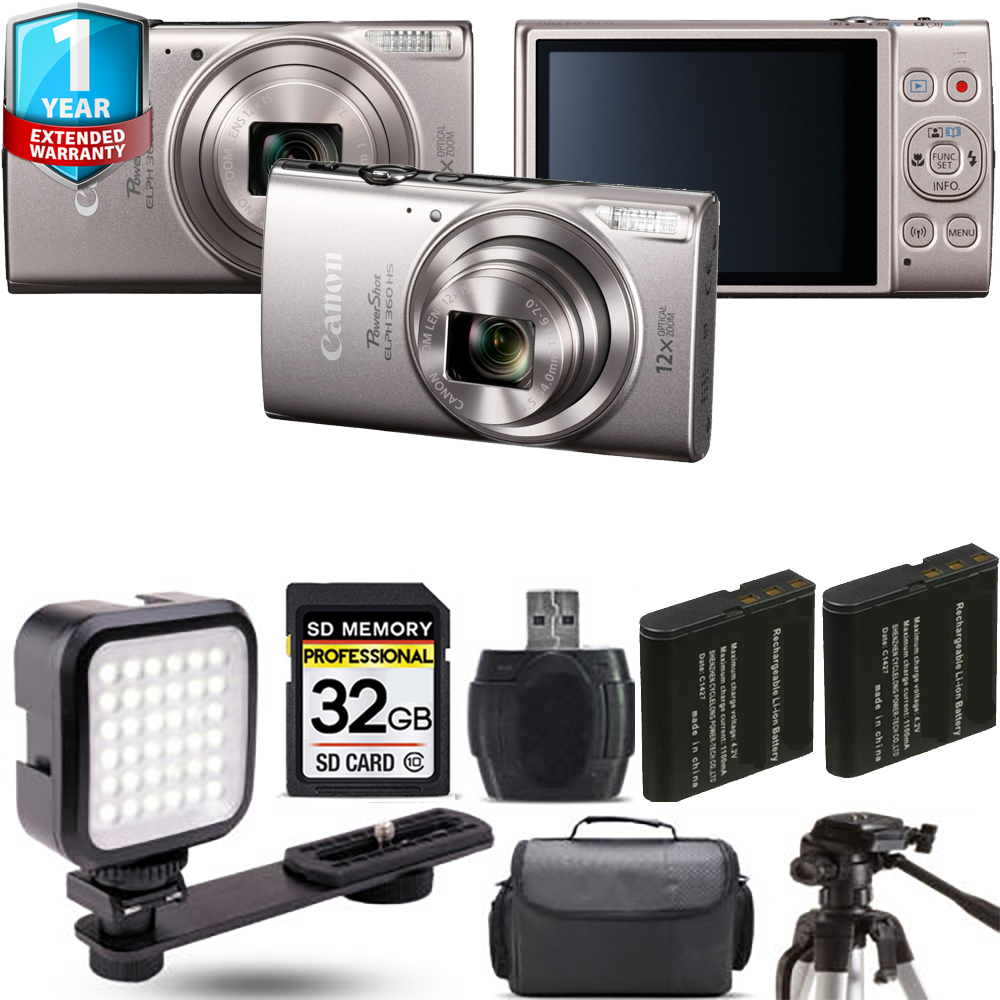 PowerShot ELPH 360 Camera (Silver) + Extra Battery + LED + 1 Year Extended Warranty *FREE SHIPPING*