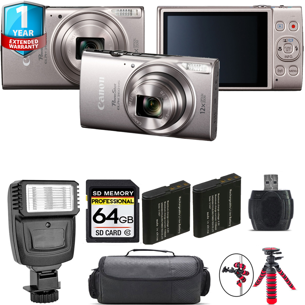 PowerShot ELPH 360 Camera (Silver) + 1 Year Extended Warranty + Flash - 64GB Kit *FREE SHIPPING*
