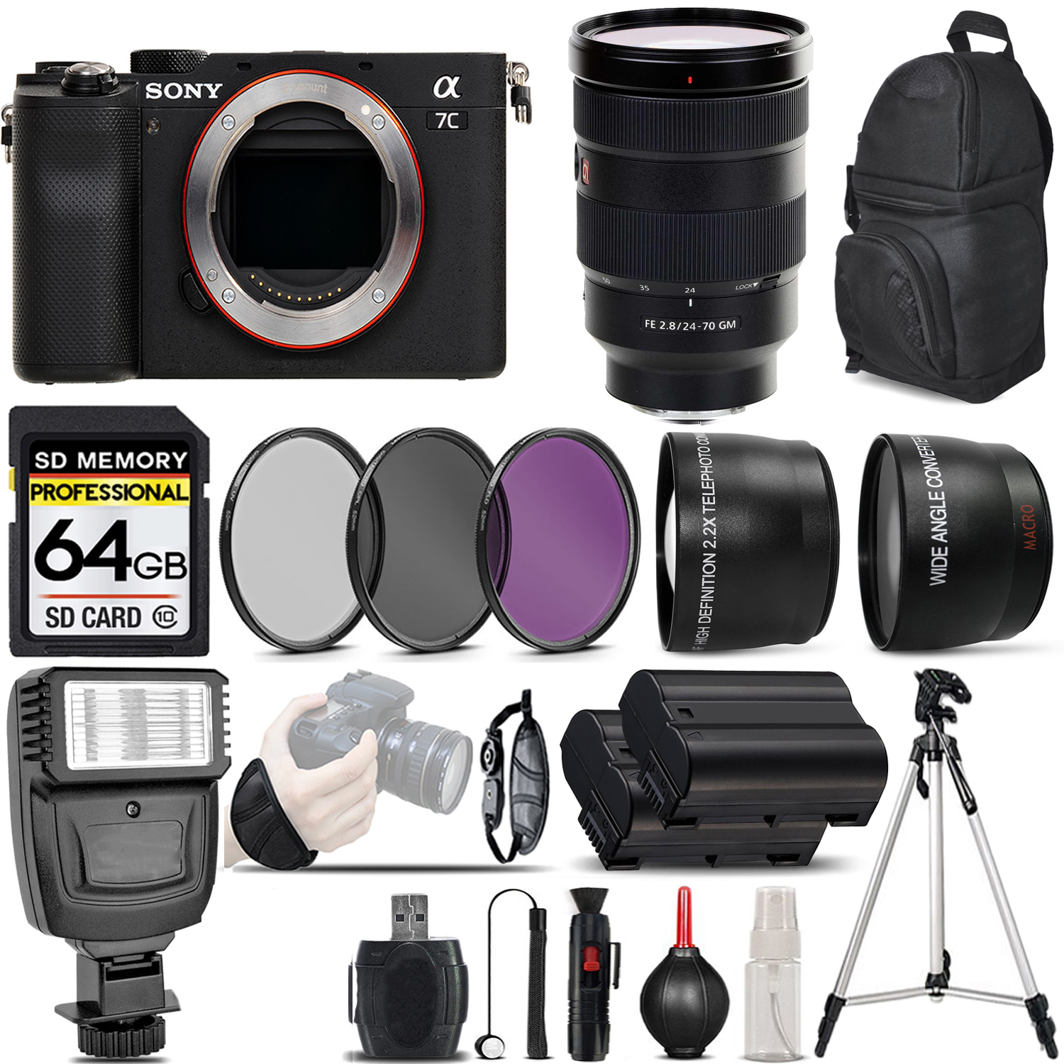 Alpha a7C Camera (Black) + 24-70mm Lens + Flash - 64GB Basic Bundle *FREE SHIPPING*