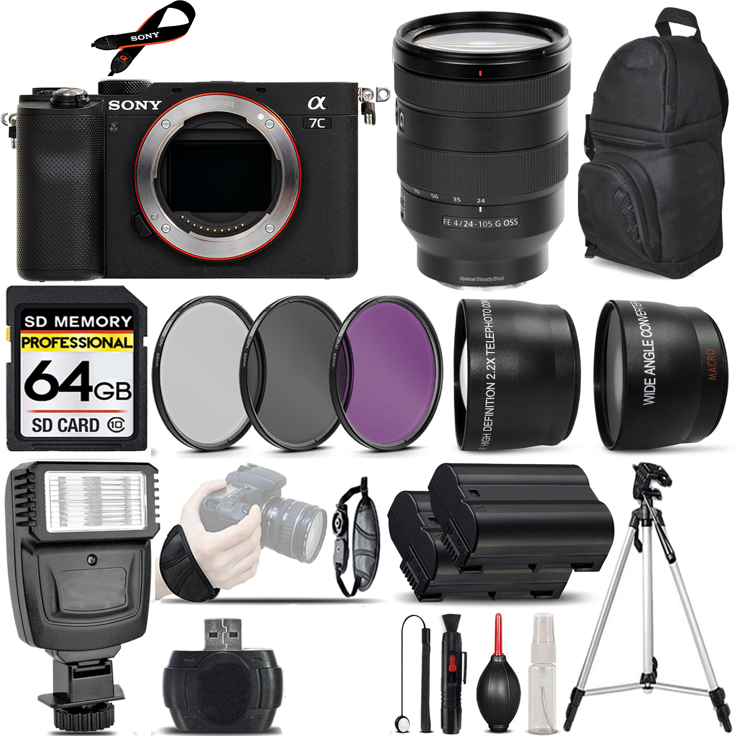 Alpha a7C Camera (Black) + 24-105mm Lens + 3 Piece Filter Set + 64GB Savings Bundle *FREE SHIPPING*