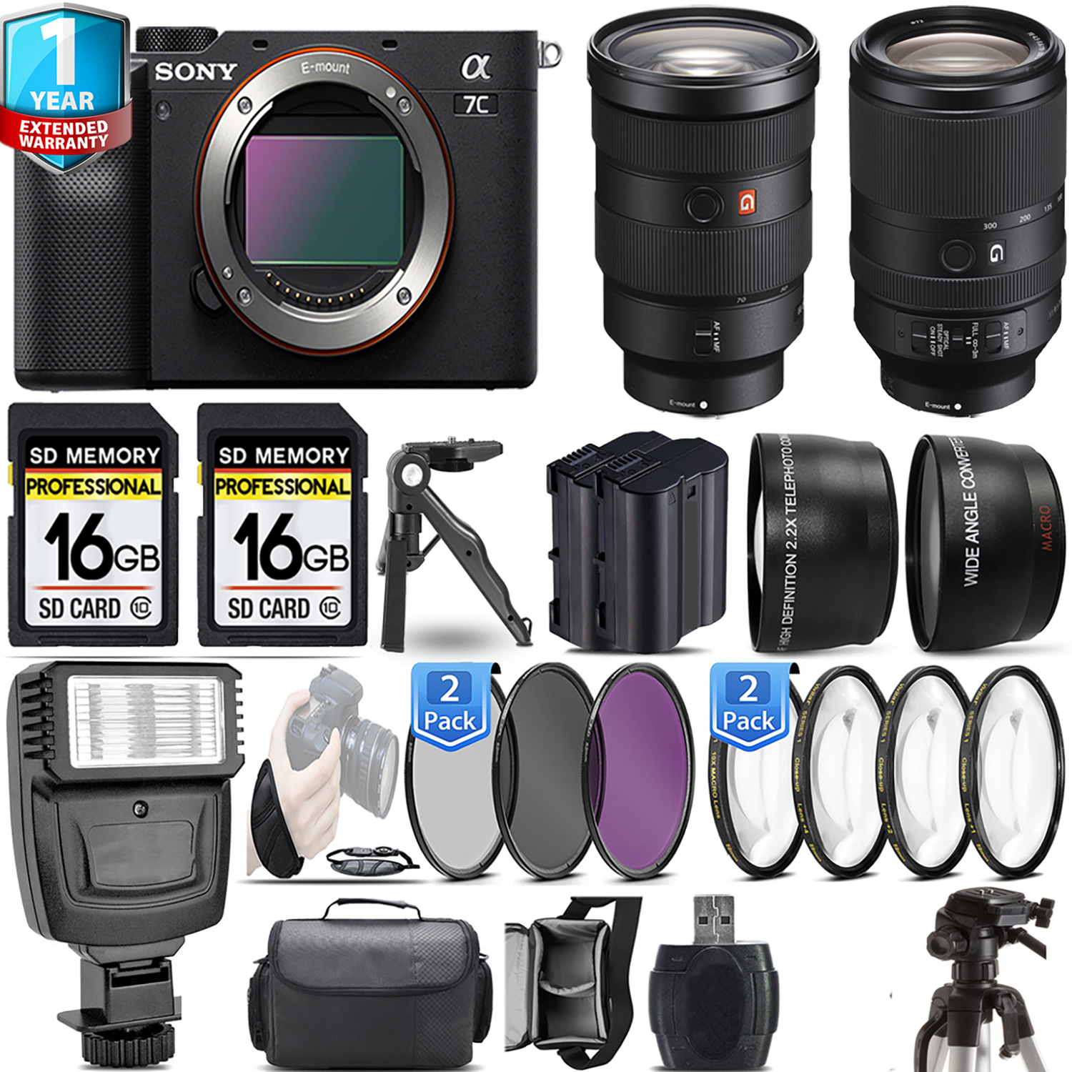 Alpha a7C Camera (Black) + 24-70mm Lens + 70- 300mm + 1 Year Extended Warranty + 3 Piece Filter Set- Kit *FREE SHIPPING*