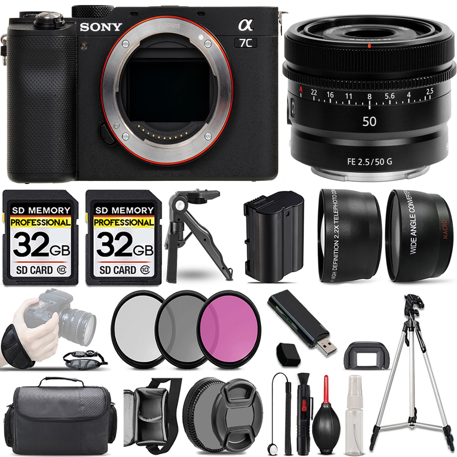 Alpha a7C Camera (Black) Camera + 50mm Lens + 3 Piece Filter Set + 64GB *FREE SHIPPING*