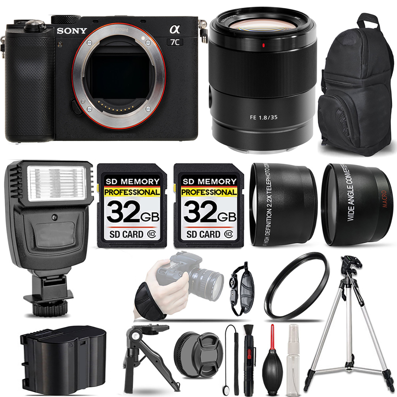 Alpha a7C Camera (Black) Camera + 35mm Lens + Flash + 64GB - Kit *FREE SHIPPING*