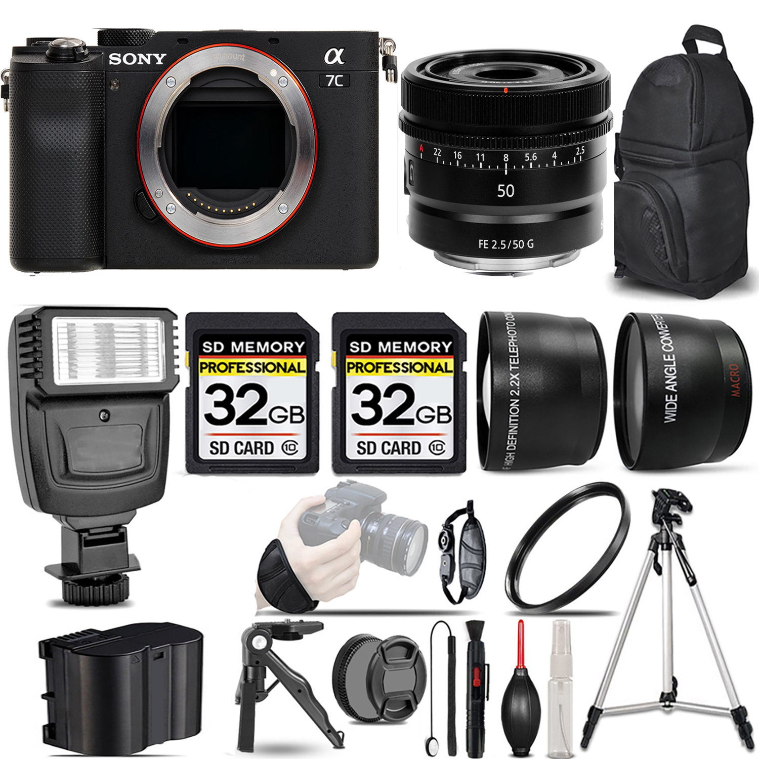 Alpha a7C Camera (Black) Camera + 50mm Lens + Flash + 64GB - Kit *FREE SHIPPING*