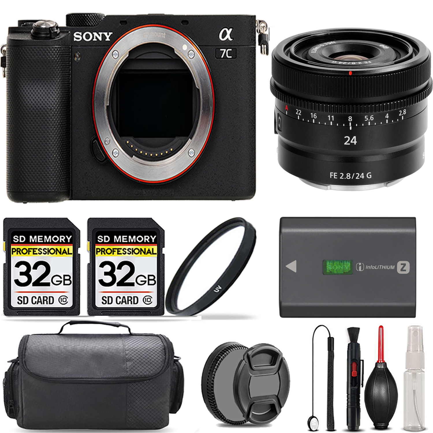 Alpha a7C Camera (Black) + 24mm G Lens + UV Filter + 64GB + Handbag & More! *FREE SHIPPING*