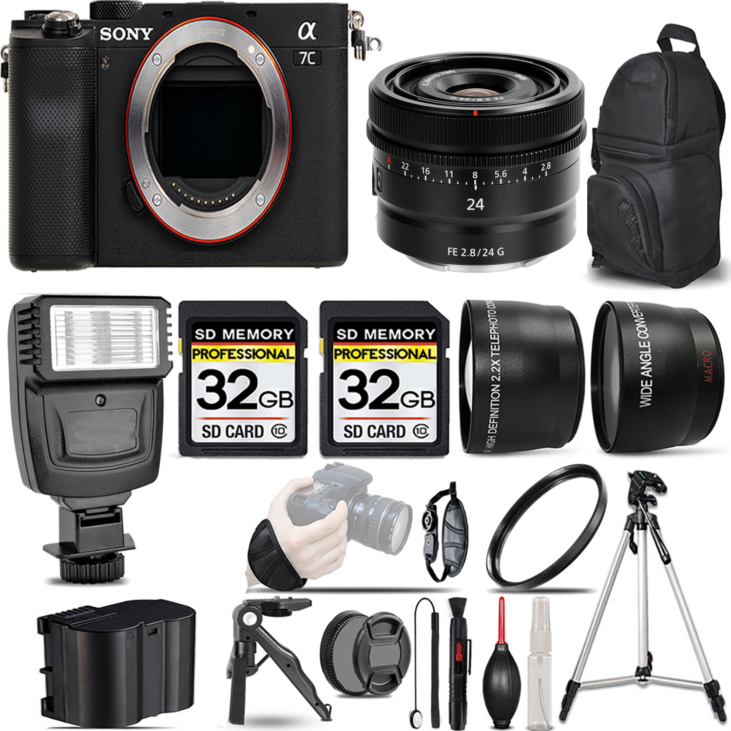 Alpha a7C Camera (Black) Camera + 24mm f/2.8 G Lens + Flash + 64GB *FREE SHIPPING*