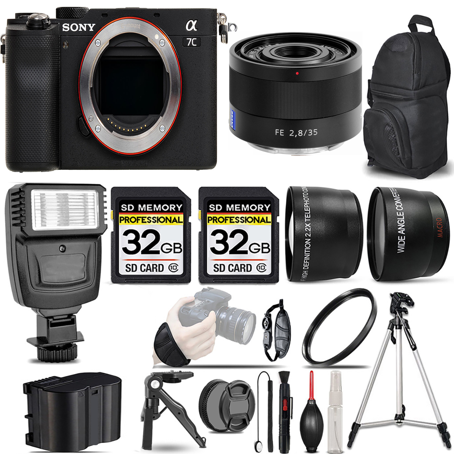 Alpha a7C Camera (Black) Camera + 35mm f/2.8 ZA Lens + Flash + 64GB *FREE SHIPPING*