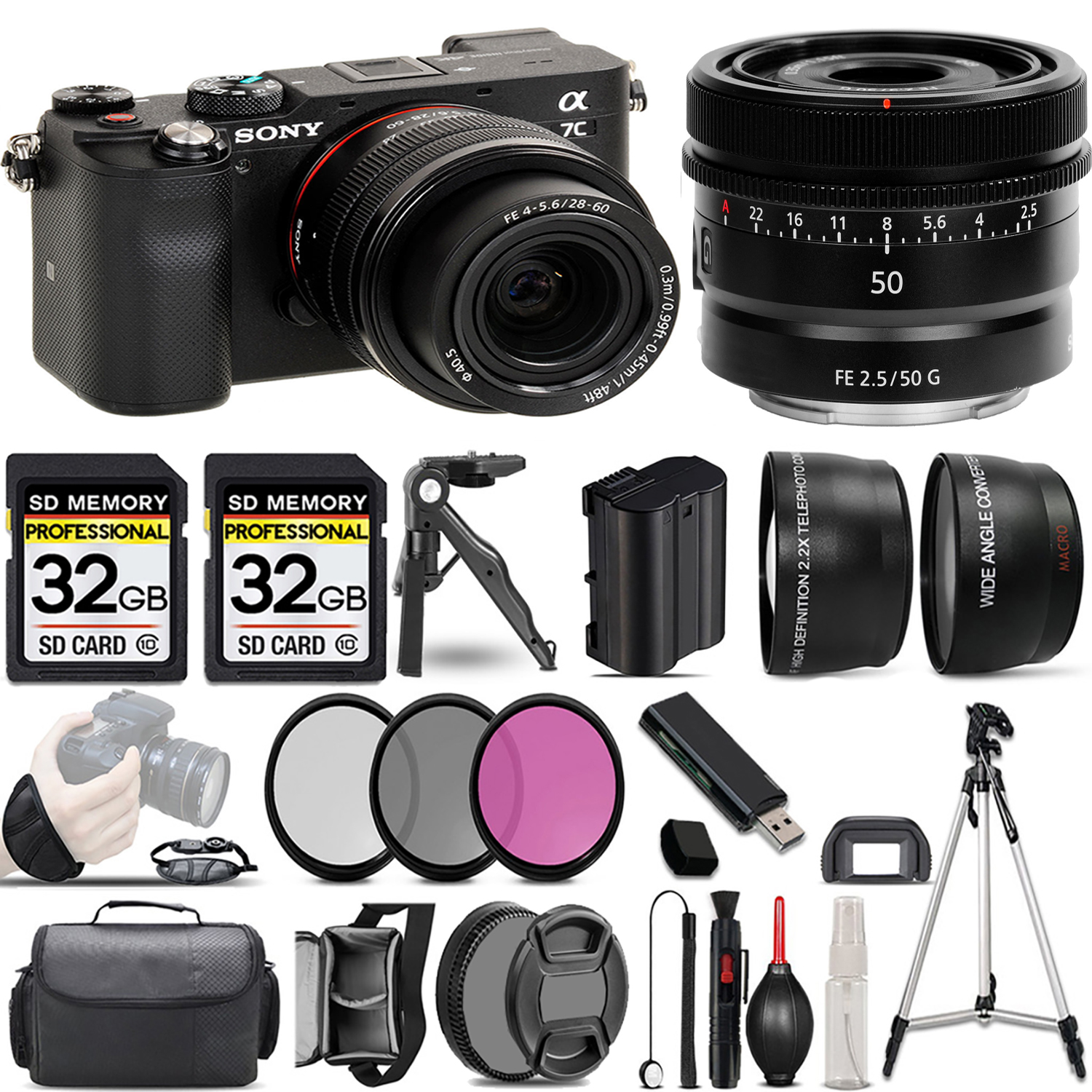 Alpha a7C Mirrorless Camera (Black) + 28-60mm Lens + 50mm Lens + 3 Piece Filter Set + 64GB *FREE SHIPPING*