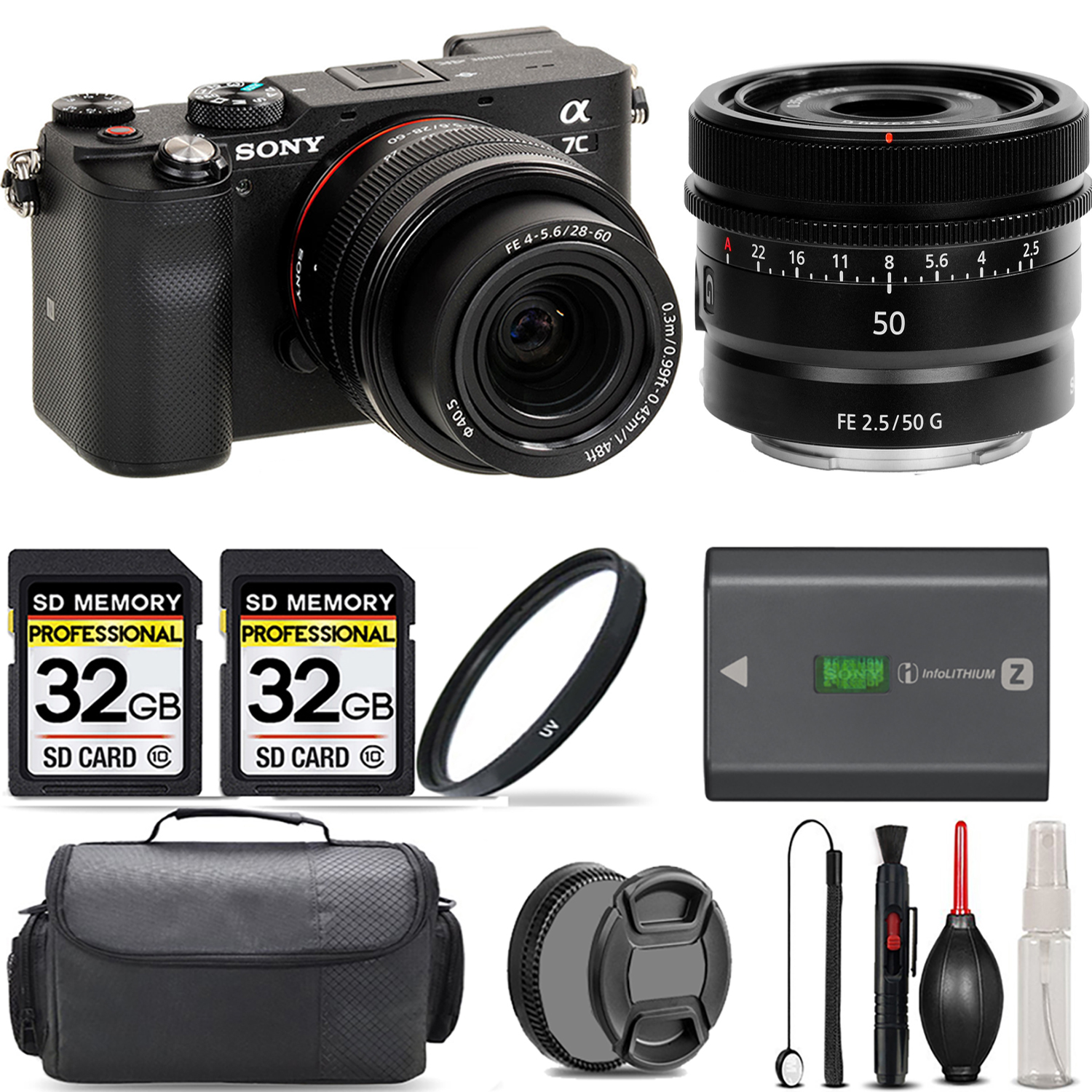 Alpha a7C Camera (Black) + 28-60mm Lens + 50mm Lens + UV Filter + 64GB & More! *FREE SHIPPING*