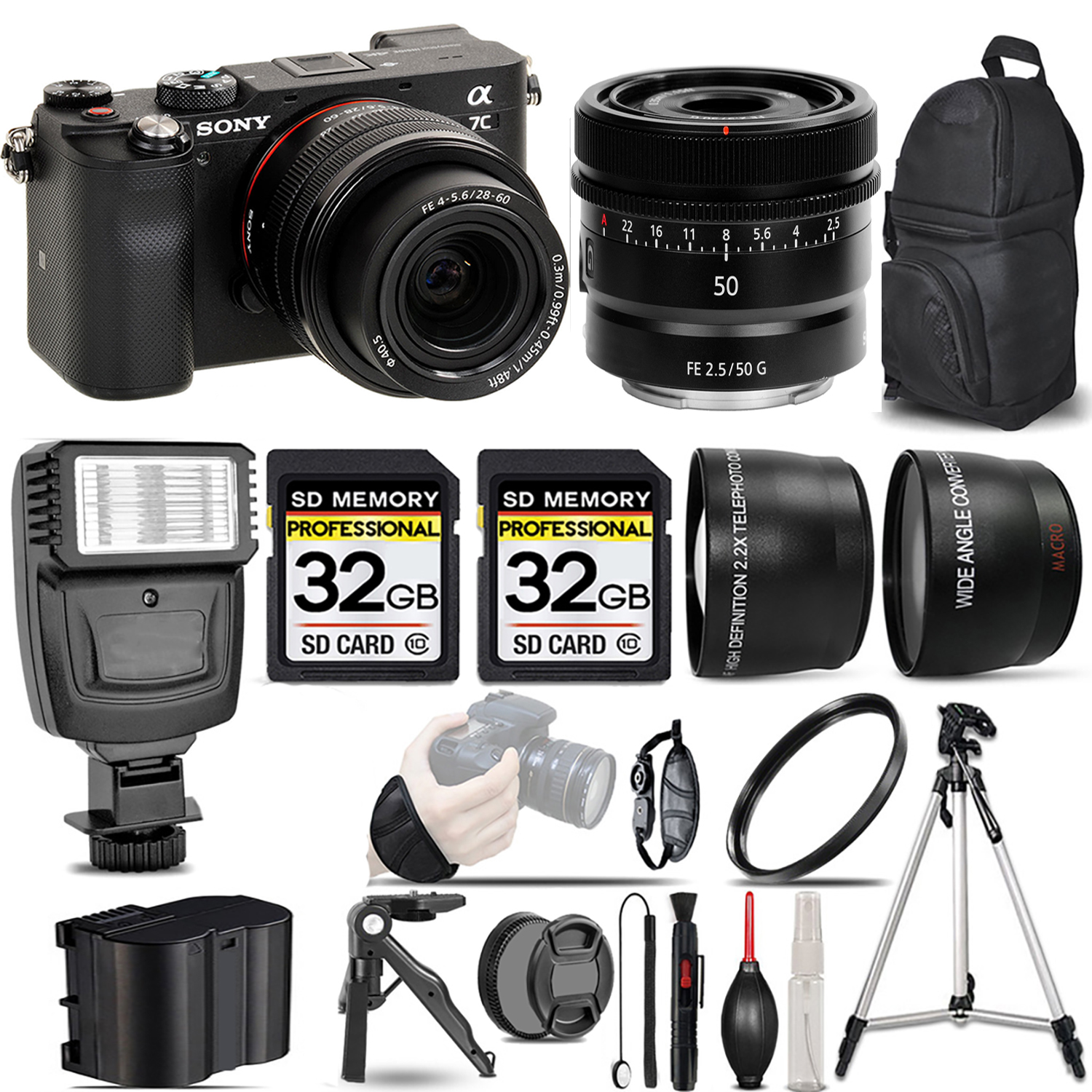 Alpha a7C Mirrorless Camera (Black) + 28-60mm Lens + 50mm Lens + Flash + 64GB - Kit *FREE SHIPPING*
