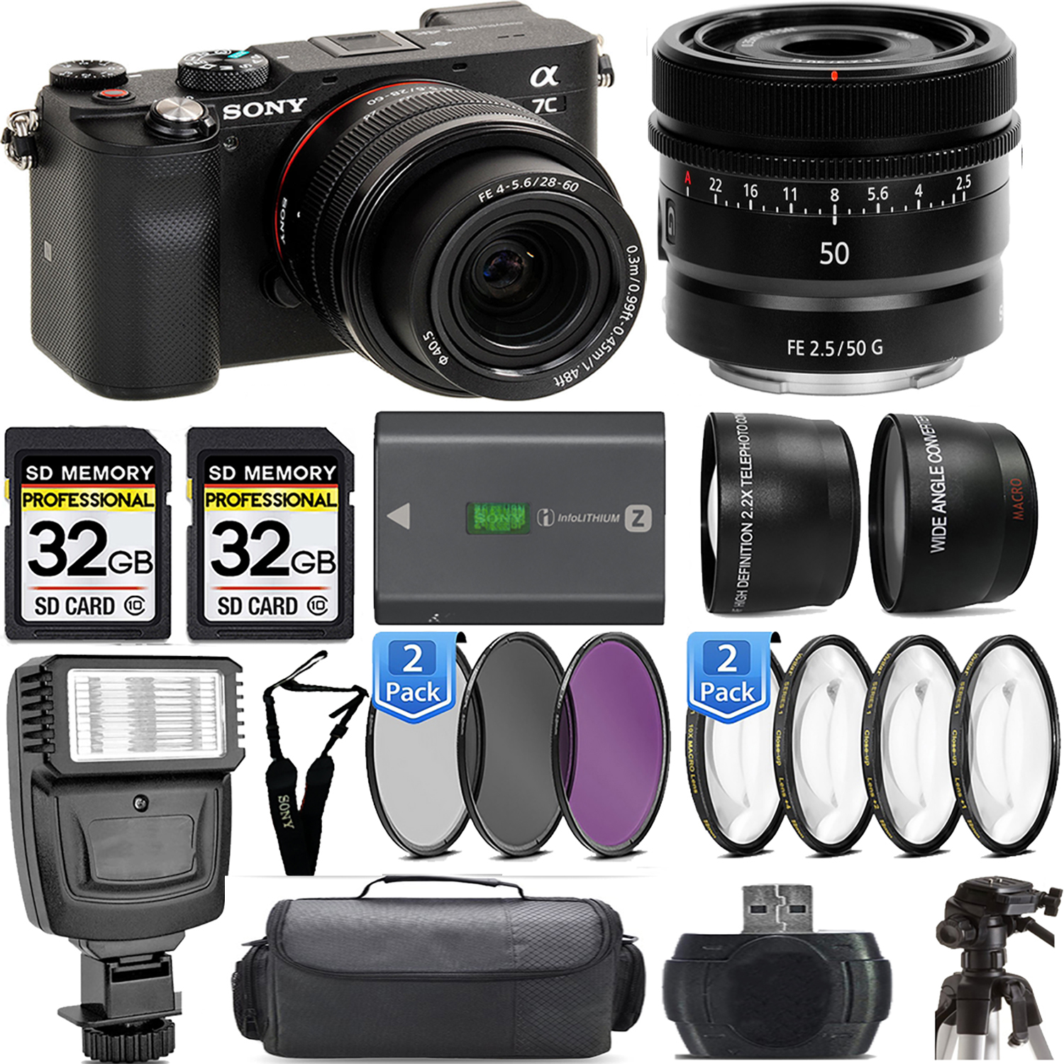 Alpha a7C Mirrorless Camera (Black) + 28-60mm Lens + 50mm Lens + Flash - Kit *FREE SHIPPING*