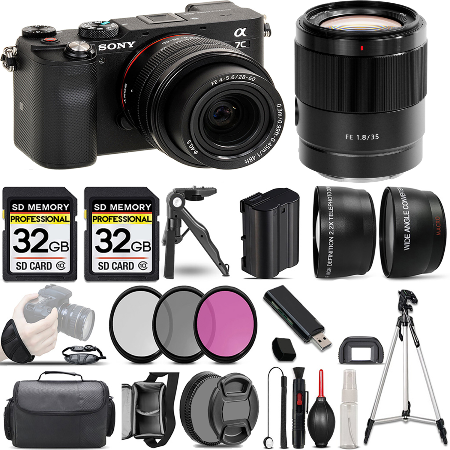 Alpha a7C Mirrorless Camera (Black) + 28-60mm Lens + 35mm Lens + 3 Piece Filter Set + 64GB *FREE SHIPPING*