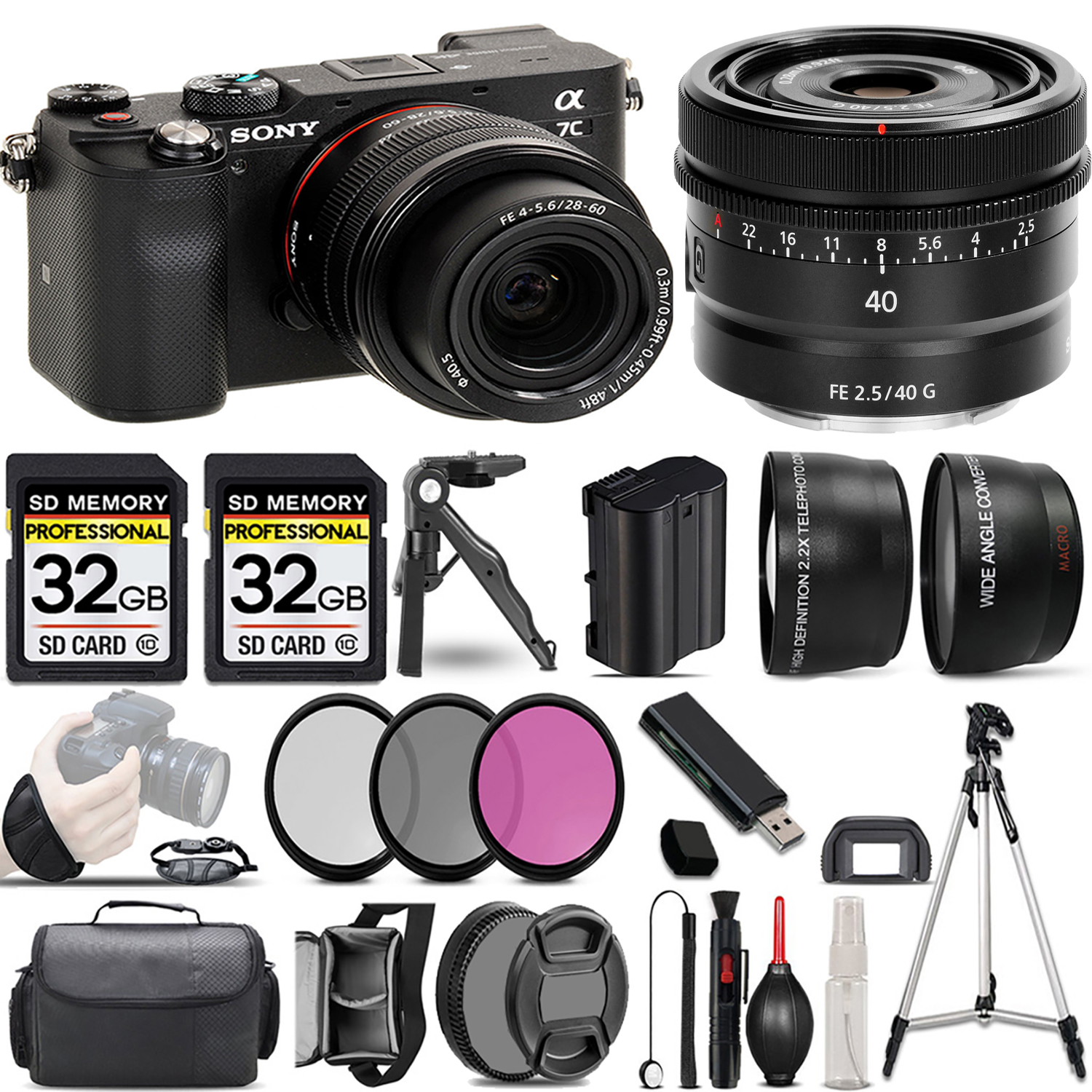 Alpha a7C Mirrorless Camera (Black) + 28-60mm Lens + 40mm G Lens + 3 Piece Filter Set + 64GB *FREE SHIPPING*