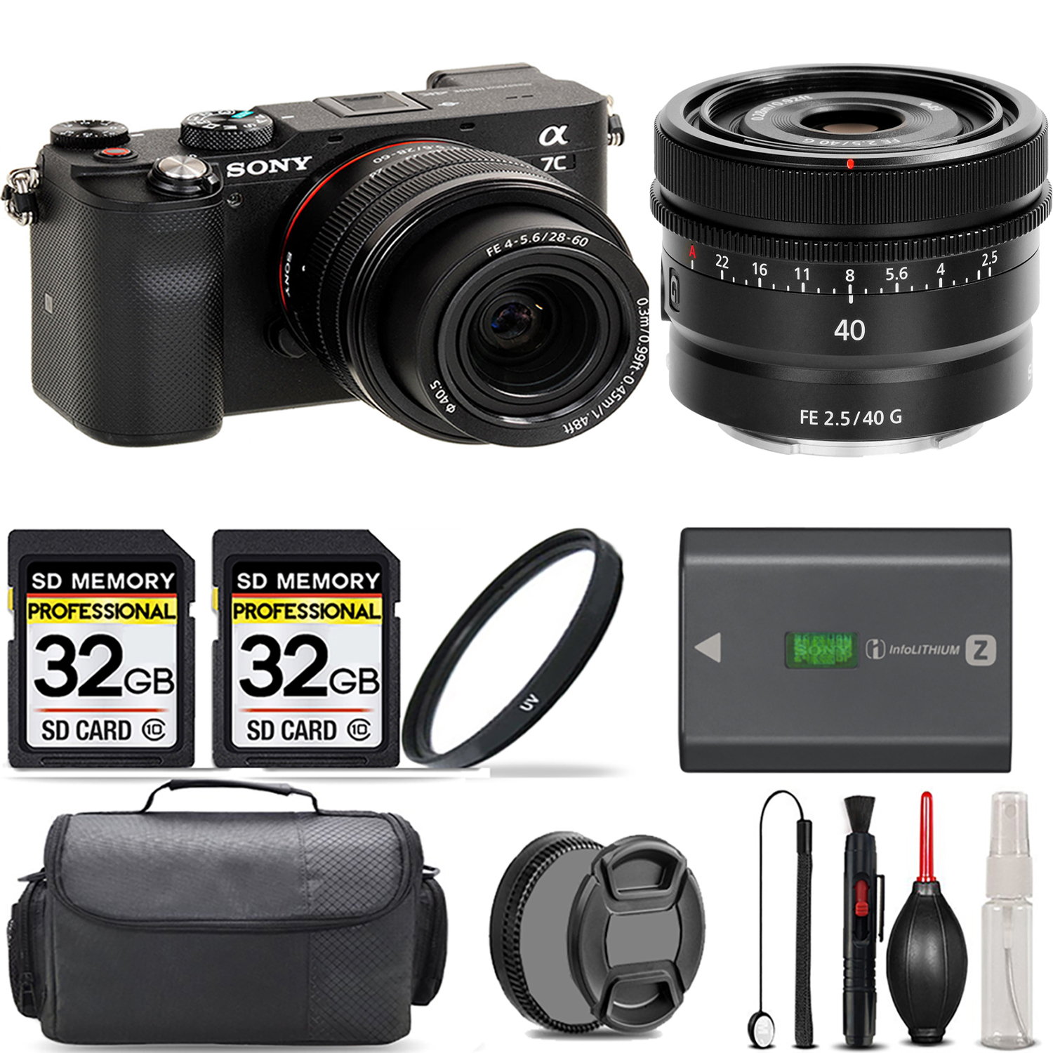 Alpha a7C Camera (Black) + 28-60mm Lens + 40mm G Lens + UV Filter + 64GB & More! *FREE SHIPPING*