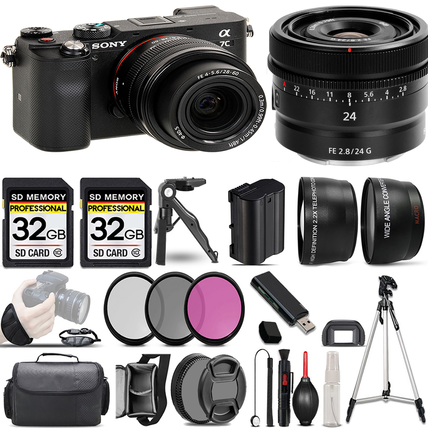 Alpha a7C Mirrorless Camera (Black) + 28-60mm Lens + 24mm G Lens + 3 Piece Filter Set + 64GB *FREE SHIPPING*