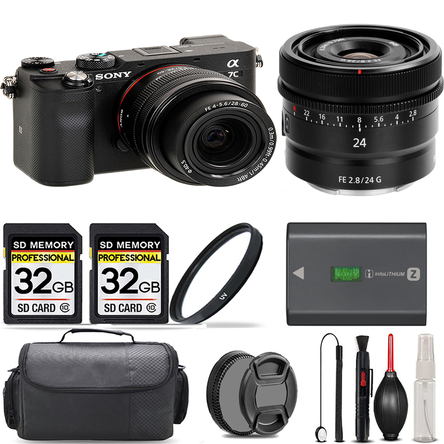 Alpha a7C Camera (Black) + 28-60mm Lens + 24mm G Lens + UV Filter + 64GB & More! *FREE SHIPPING*