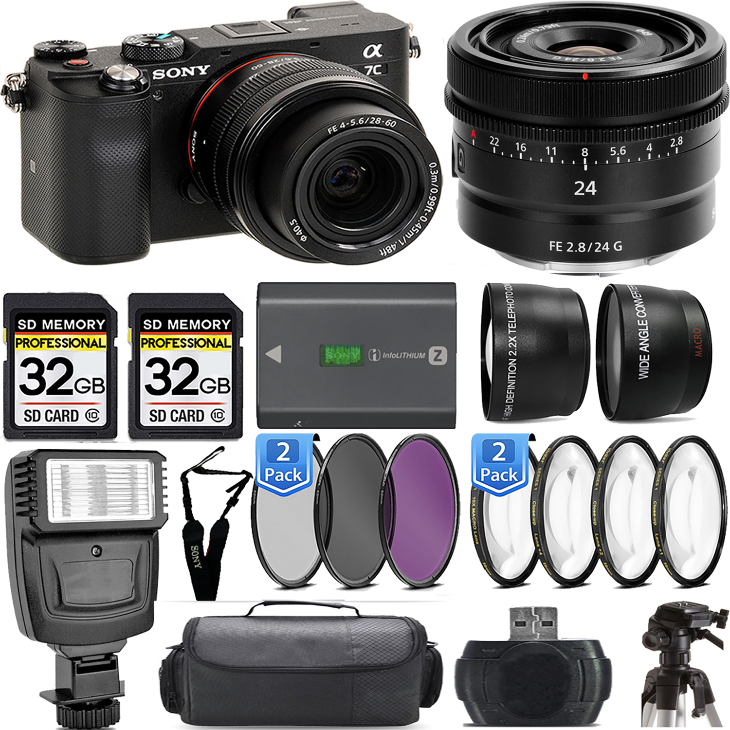 Alpha a7C Mirrorless Camera (Black) + 28-60mm Lens + 24mm f/2.8 G Lens + Flash - Kit *FREE SHIPPING*