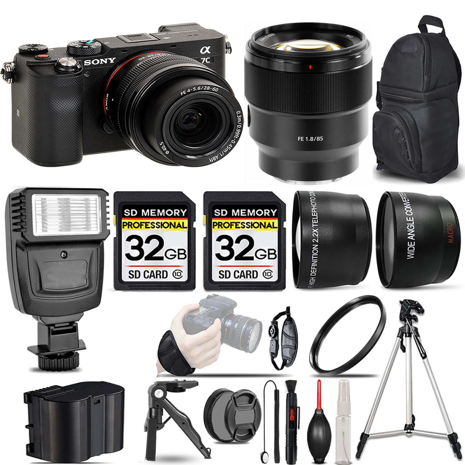 Alpha a7C Mirrorless Camera (Black) + 28-60mm Lens + 85mm f/1.8 Lens + Flash + 64GB *FREE SHIPPING*