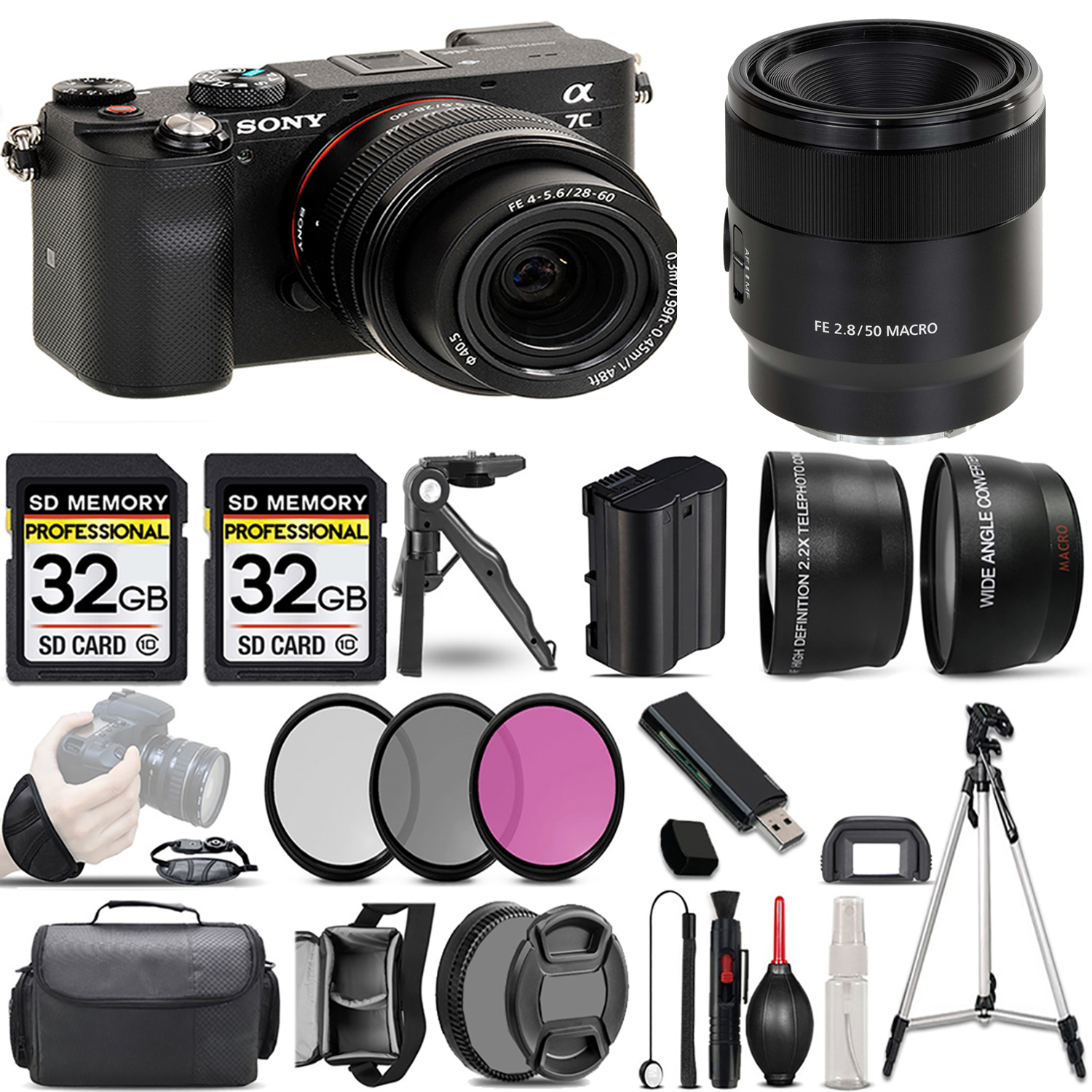 Alpha a7C Camera (Black) + 28-60mm Lens + 50mm Macro Lens + 3 Piece Filter Set + 64GB *FREE SHIPPING*