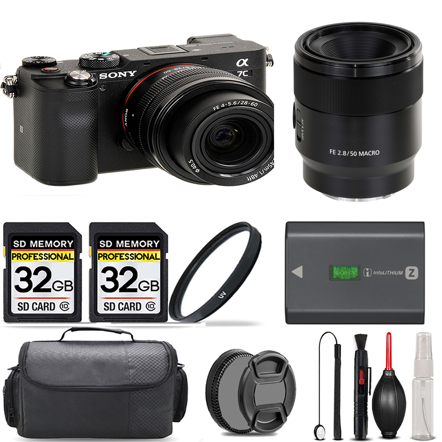Alpha a7C Camera (Black) + 28-60mm Lens + 50mm Macro Lens + UV Filter + 64GB Kit *FREE SHIPPING*