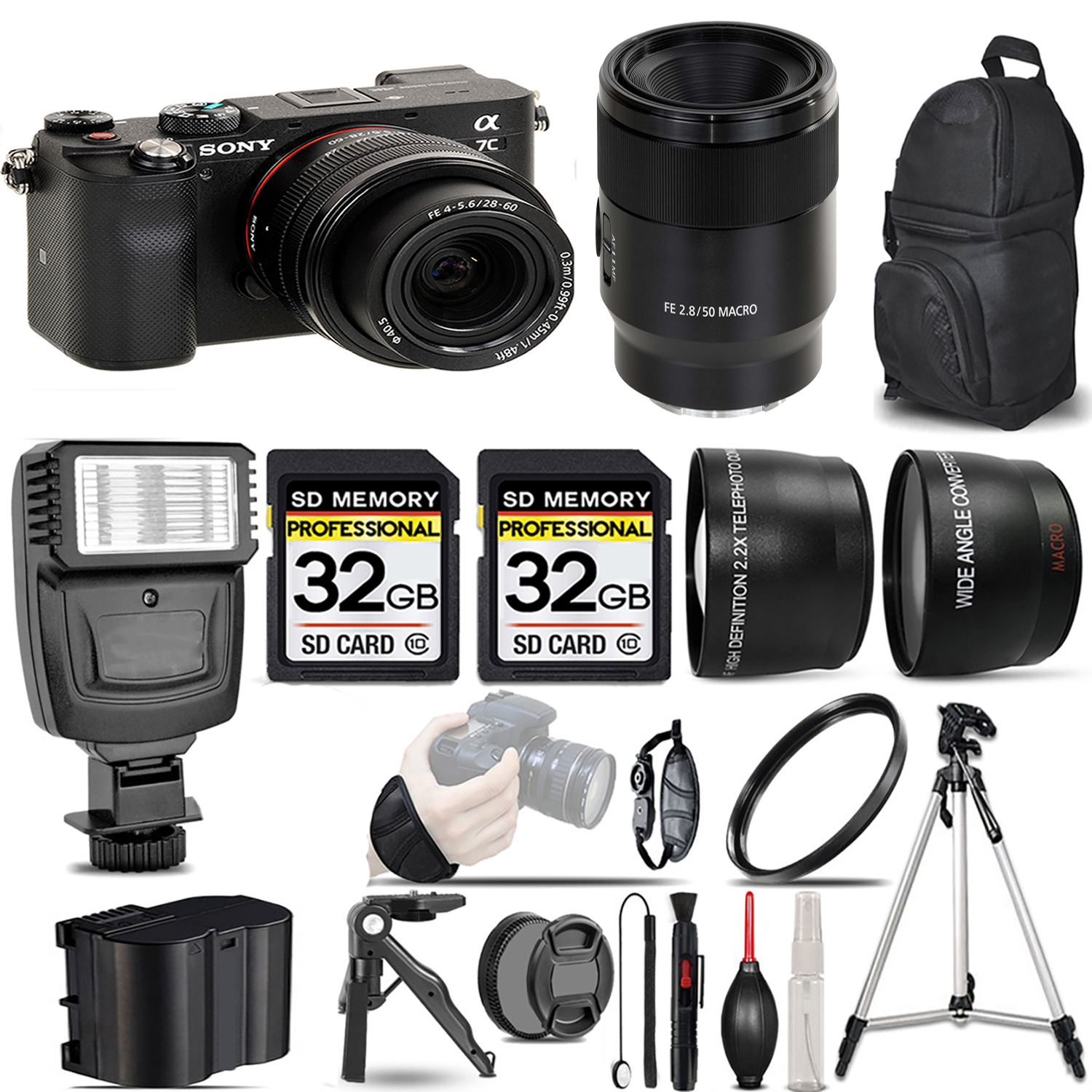 Alpha a7C Camera (Black) + 28-60mm Lens + 50mm f/2.8 Macro Lens + Flash + 64GB *FREE SHIPPING*
