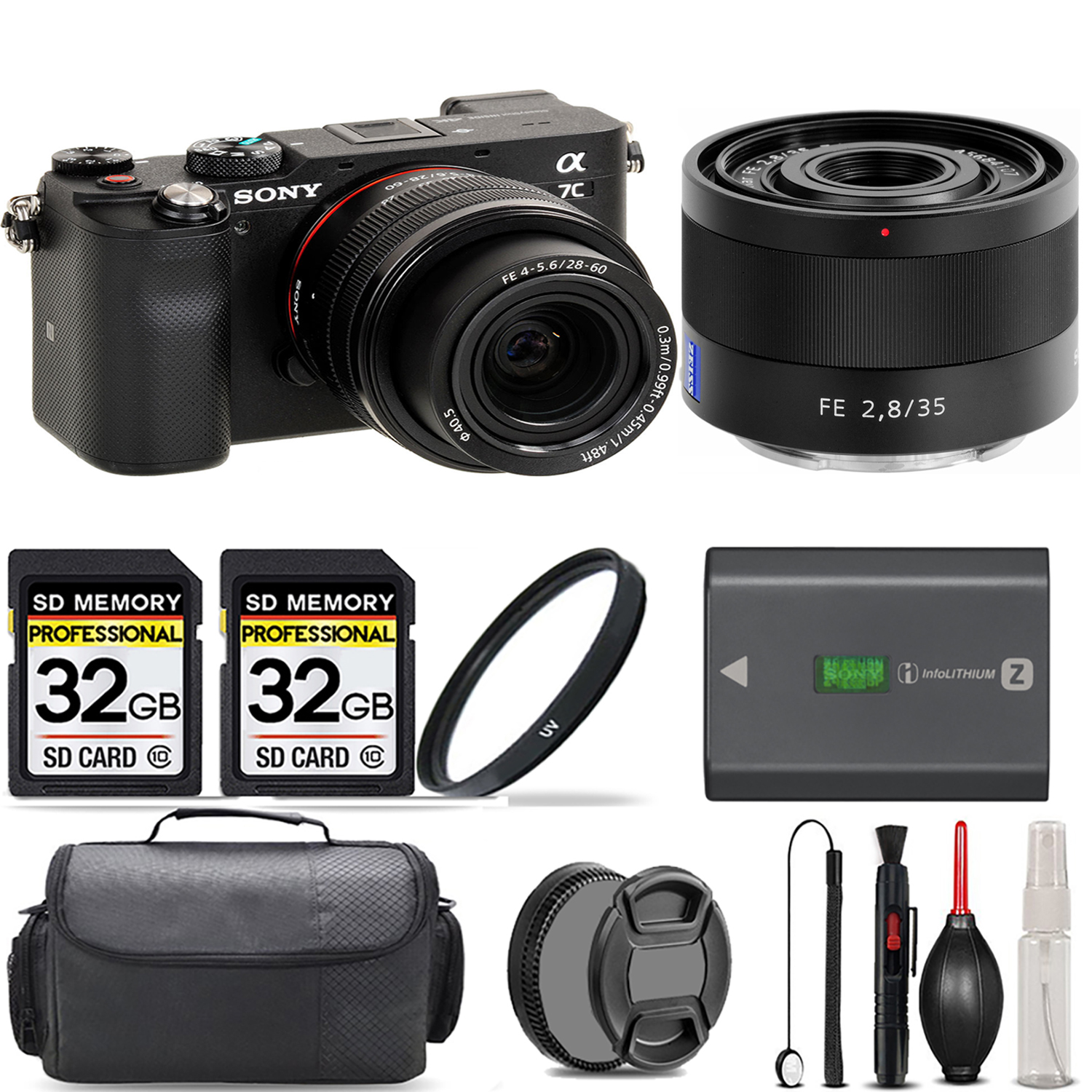 Alpha a7C Camera (Black) + 28-60mm Lens + 35mm f/2.8 Lens + UV Filter + 64GB Kit *FREE SHIPPING*