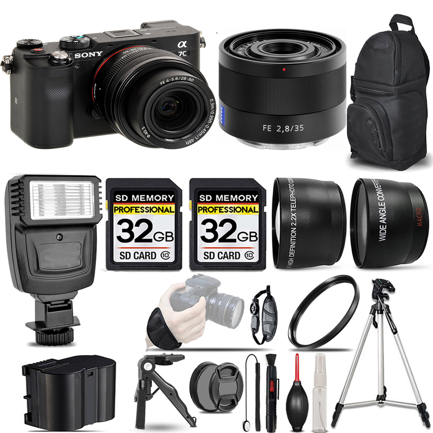 Alpha a7C Mirrorless Camera (Black) + 28-60mm Lens + 35mm Lens+ Flash + 64GB *FREE SHIPPING*