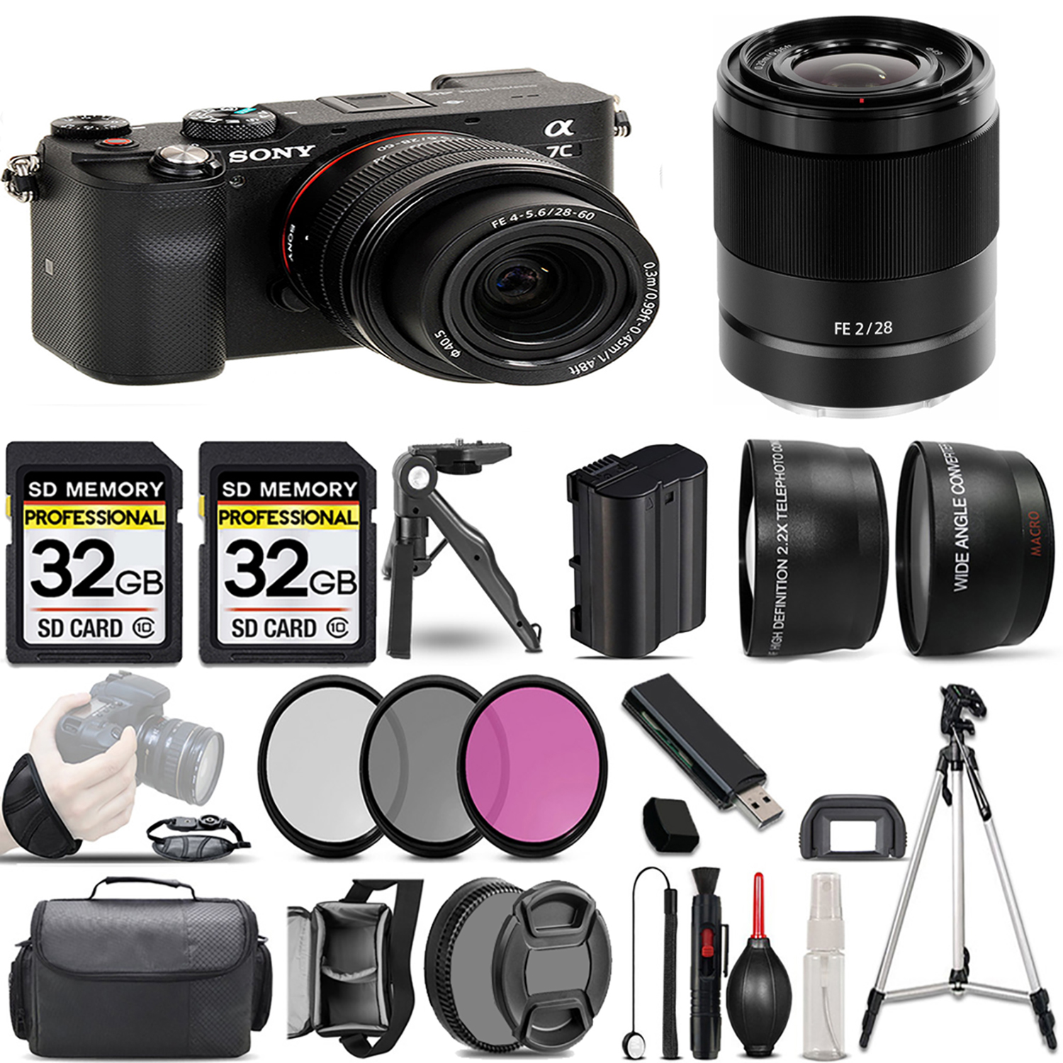 Alpha a7C Camera (Black) + 28-60mm Lens + 28mm f/2 Lens + 3 Piece Filter Set + 64GB *FREE SHIPPING*