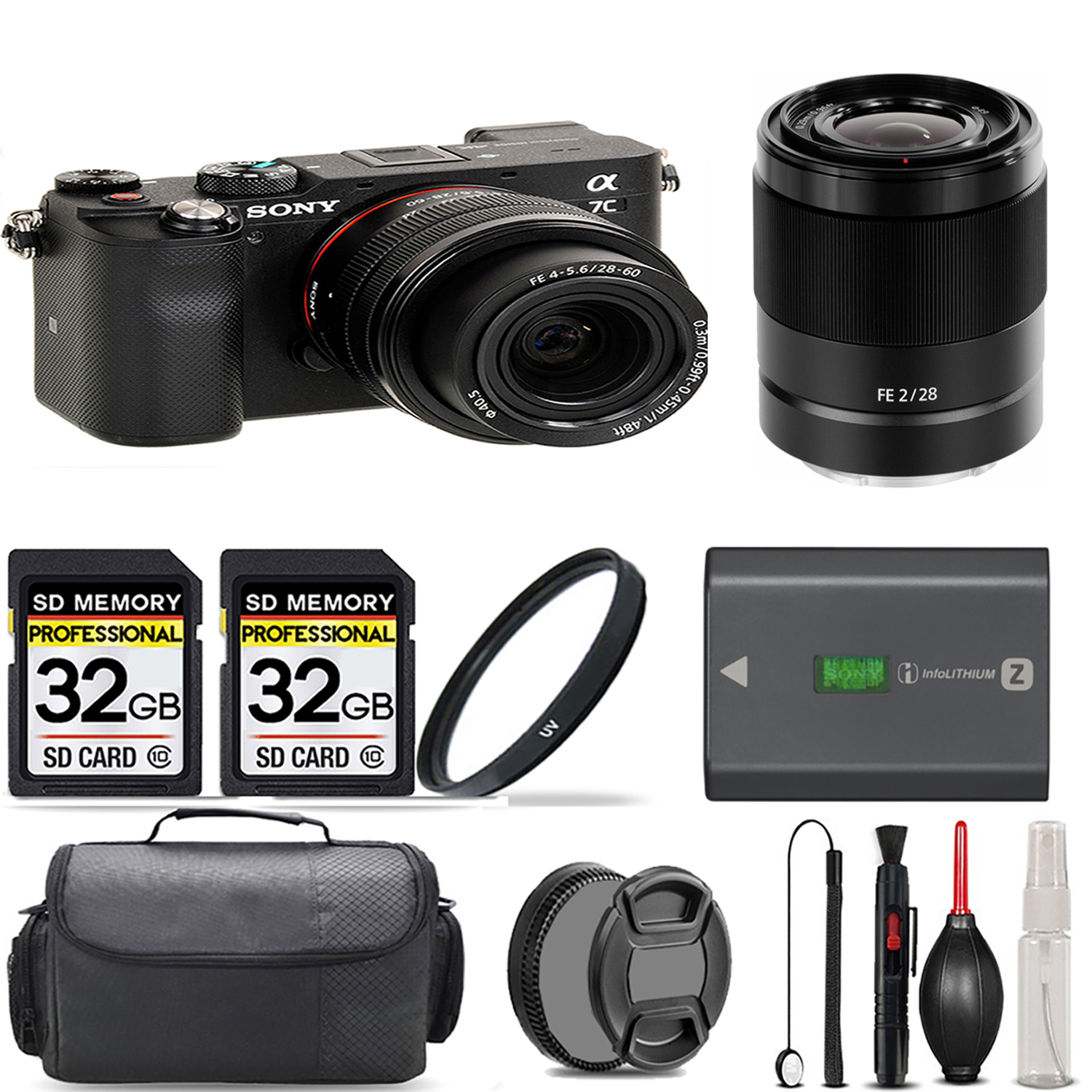 Alpha a7C Camera (Black) + 28-60mm Lens + 28mm f/2 Lens + UV Filter + 64GB Kit *FREE SHIPPING*