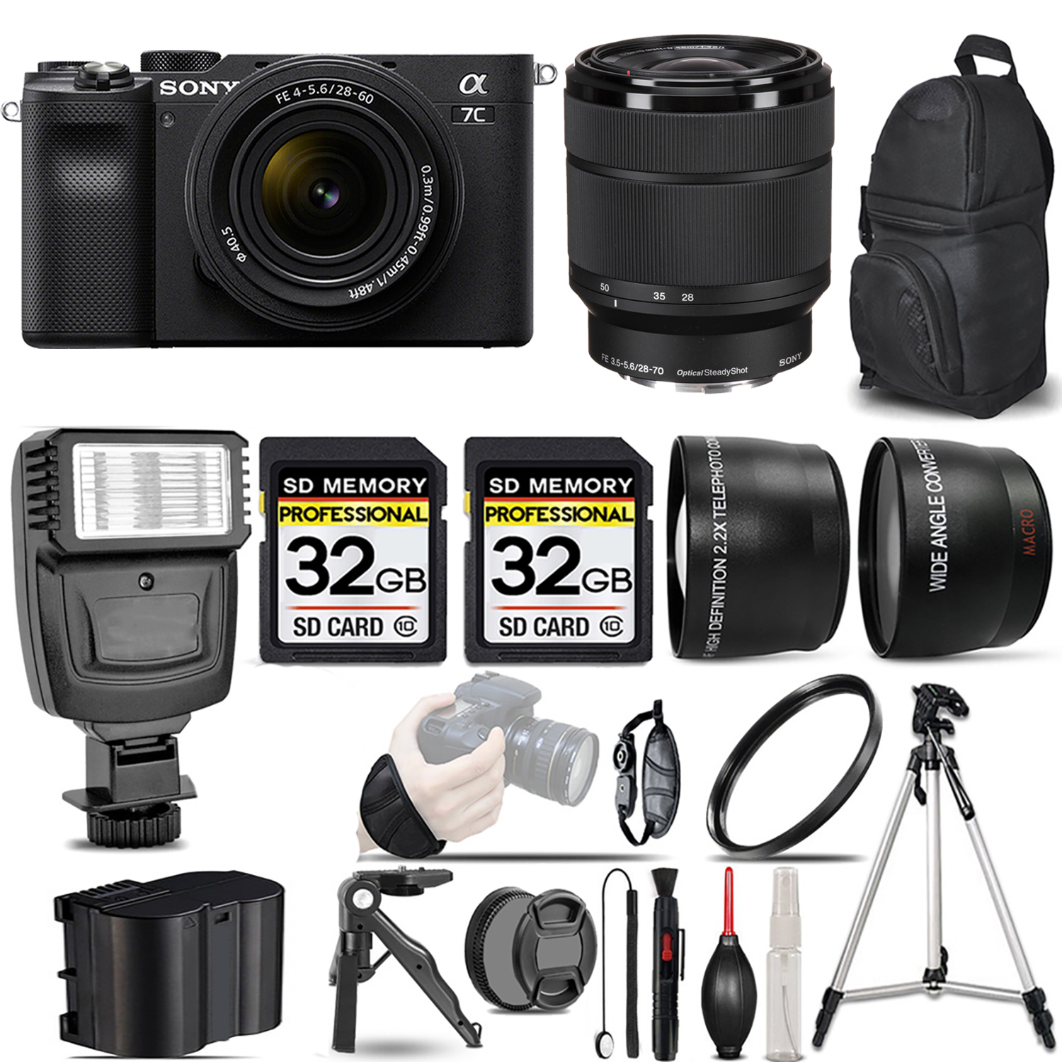 Alpha a7C Camera (Black) + 28-60mm Lens + 28-70mm f/3.5-5.6 OSS Lens + Flash + 64GB *FREE SHIPPING*