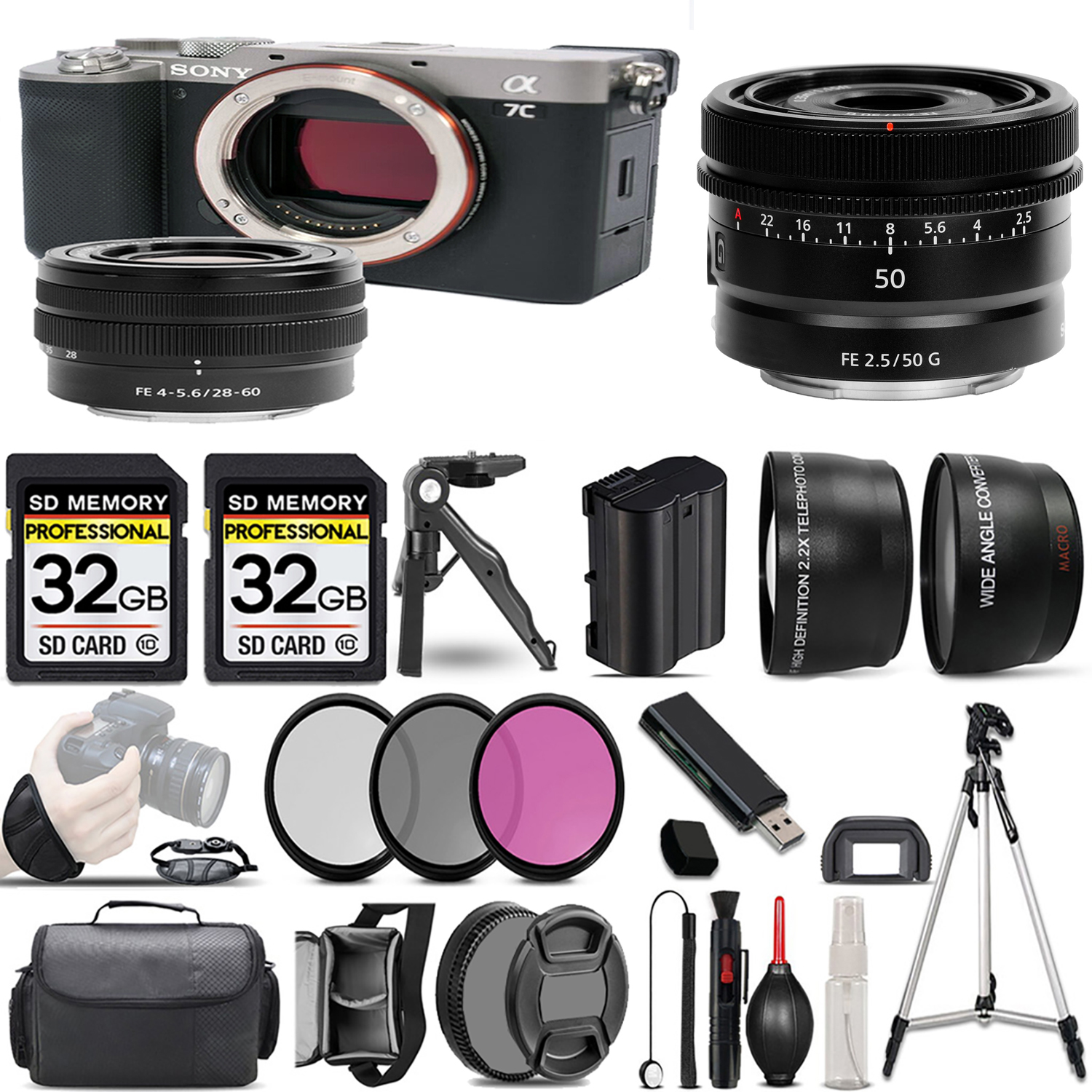 Alpha a7C Mirrorless Camera (Silver) + 28-60mm Lens + 50mm Lens + 3 Piece Filter Set + 64GB *FREE SHIPPING*