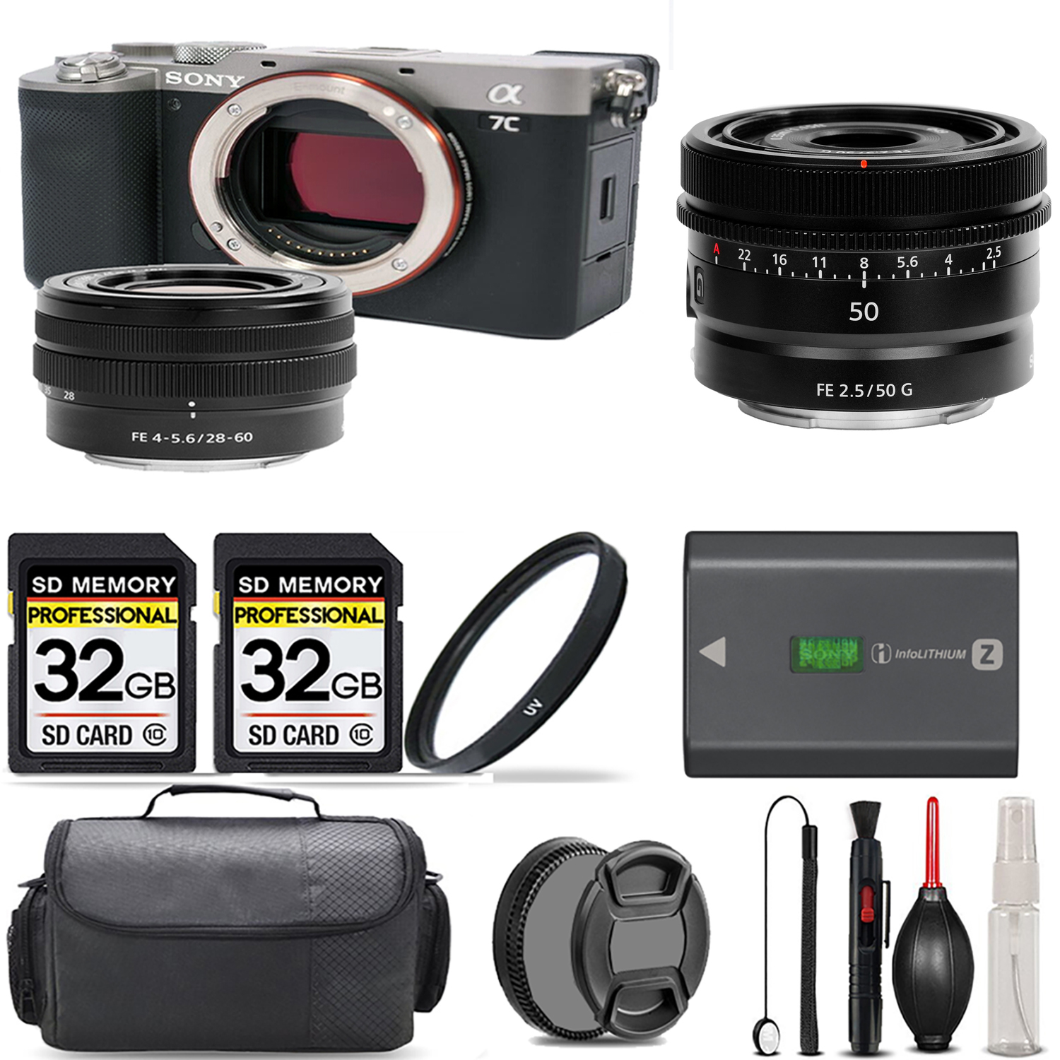 Alpha a7C Camera (Silver) + 28-60mm Lens + 50mm Lens + UV Filter + 64GB & More! *FREE SHIPPING*