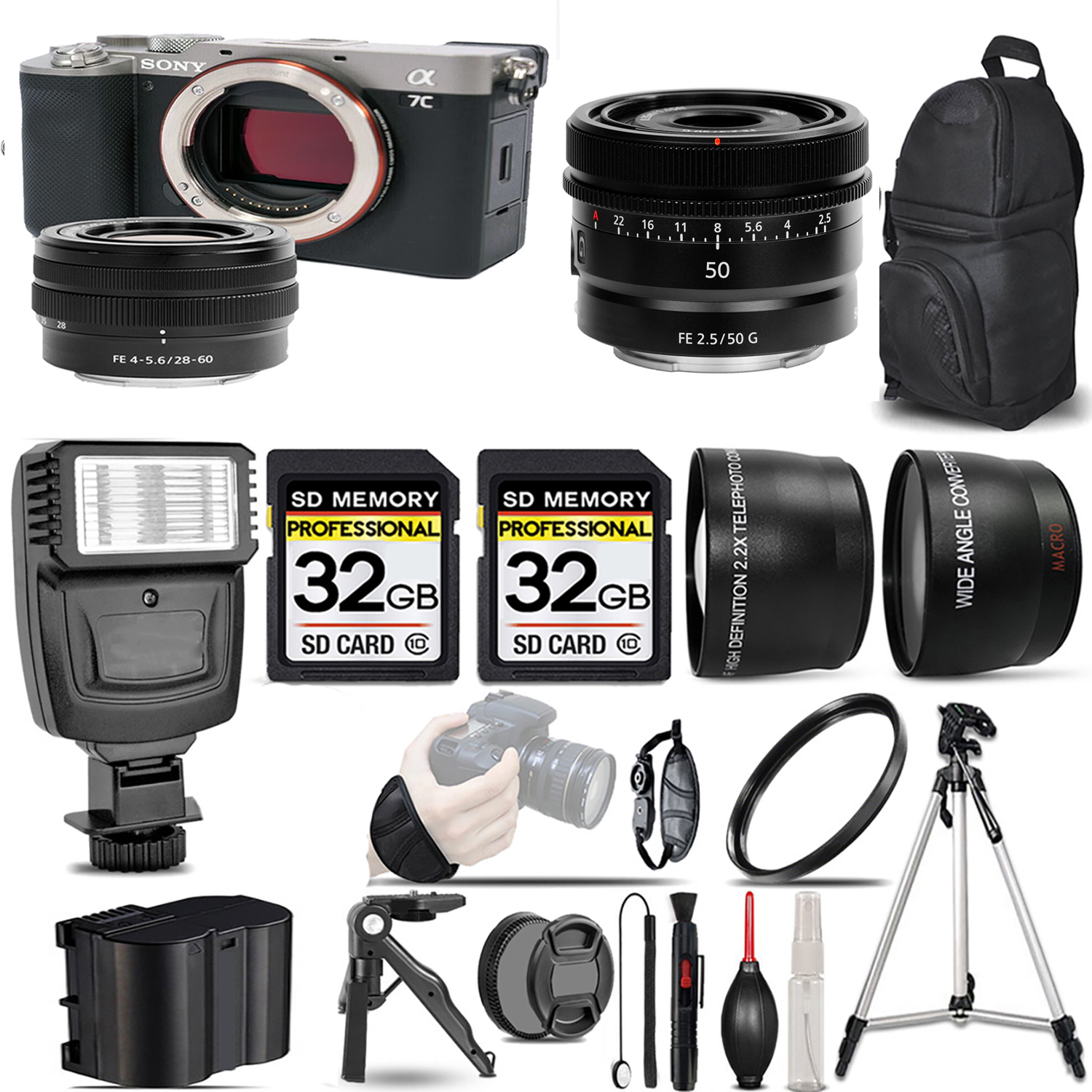 Alpha a7C Mirrorless Camera (Silver) + 28-60mm Lens + 50mm Lens + Flash + 64GB - Kit *FREE SHIPPING*