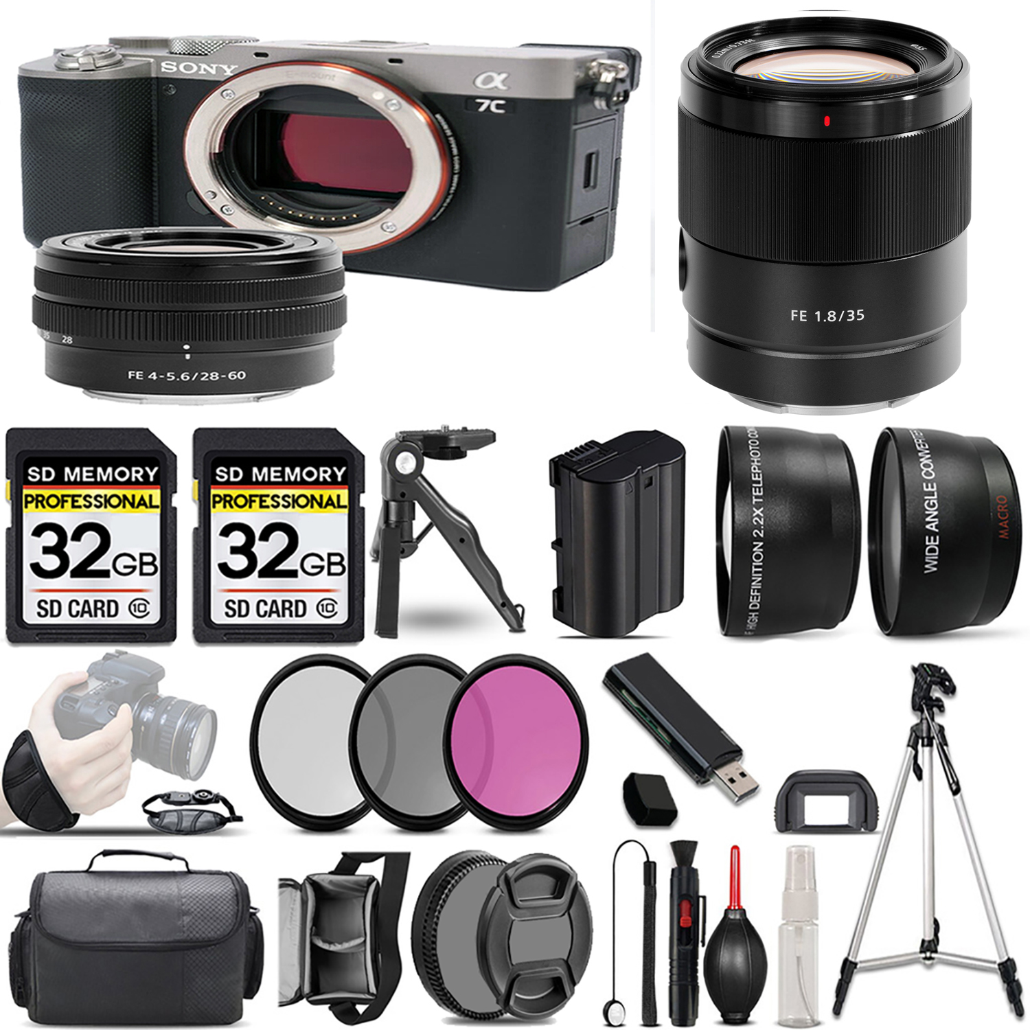 Alpha a7C Mirrorless Camera (Silver) + 28-60mm Lens + 35mm Lens + 3 Piece Filter Set + 64GB *FREE SHIPPING*