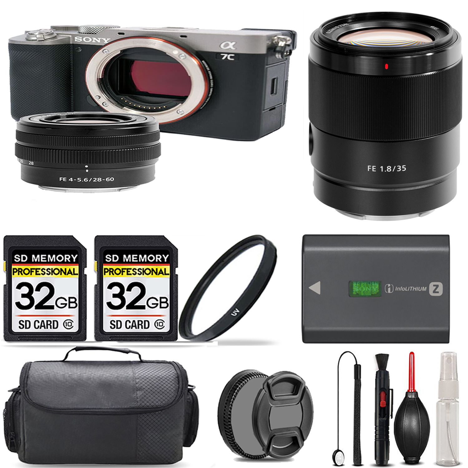 Alpha a7C Camera (Silver) + 28-60mm Lens + 35mm Lens + UV Filter + 64GB & More! *FREE SHIPPING*