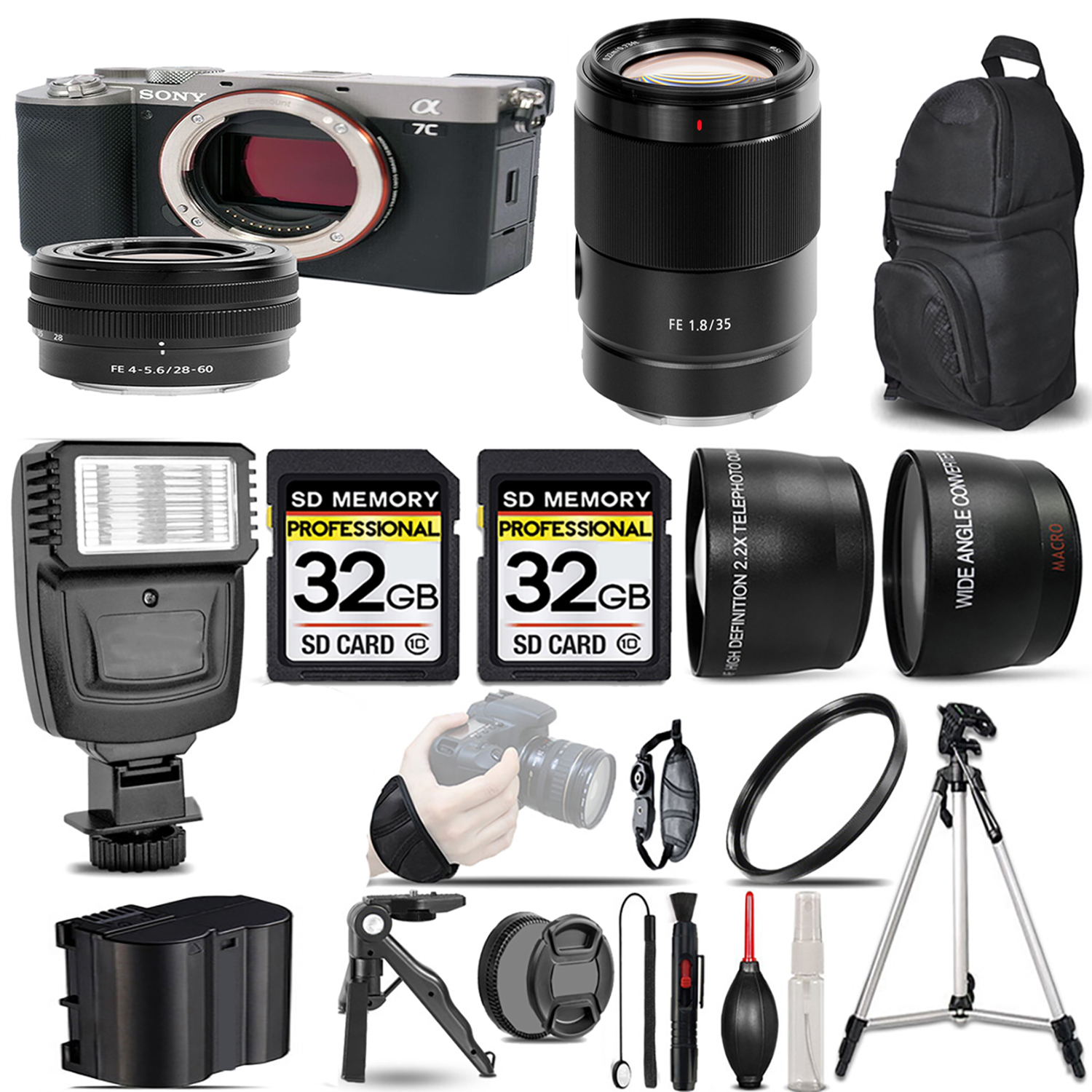 Alpha a7C Mirrorless Camera (Silver) + 28-60mm Lens + 35mm Lens + Flash + 64GB - Kit *FREE SHIPPING*