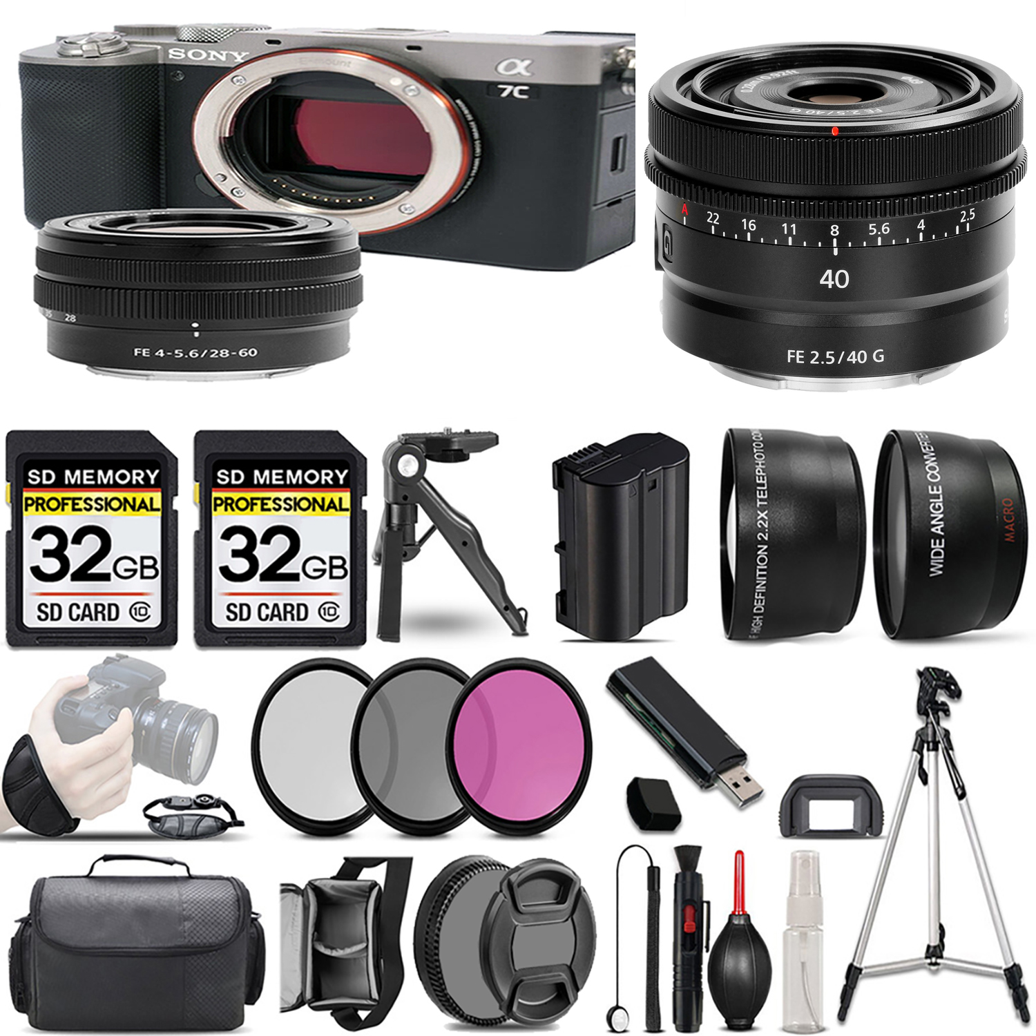 Alpha a7C Camera (Silver) + 28-60mm Lens + 40mm G Lens + 3 Piece Filter Set + 64GB *FREE SHIPPING*