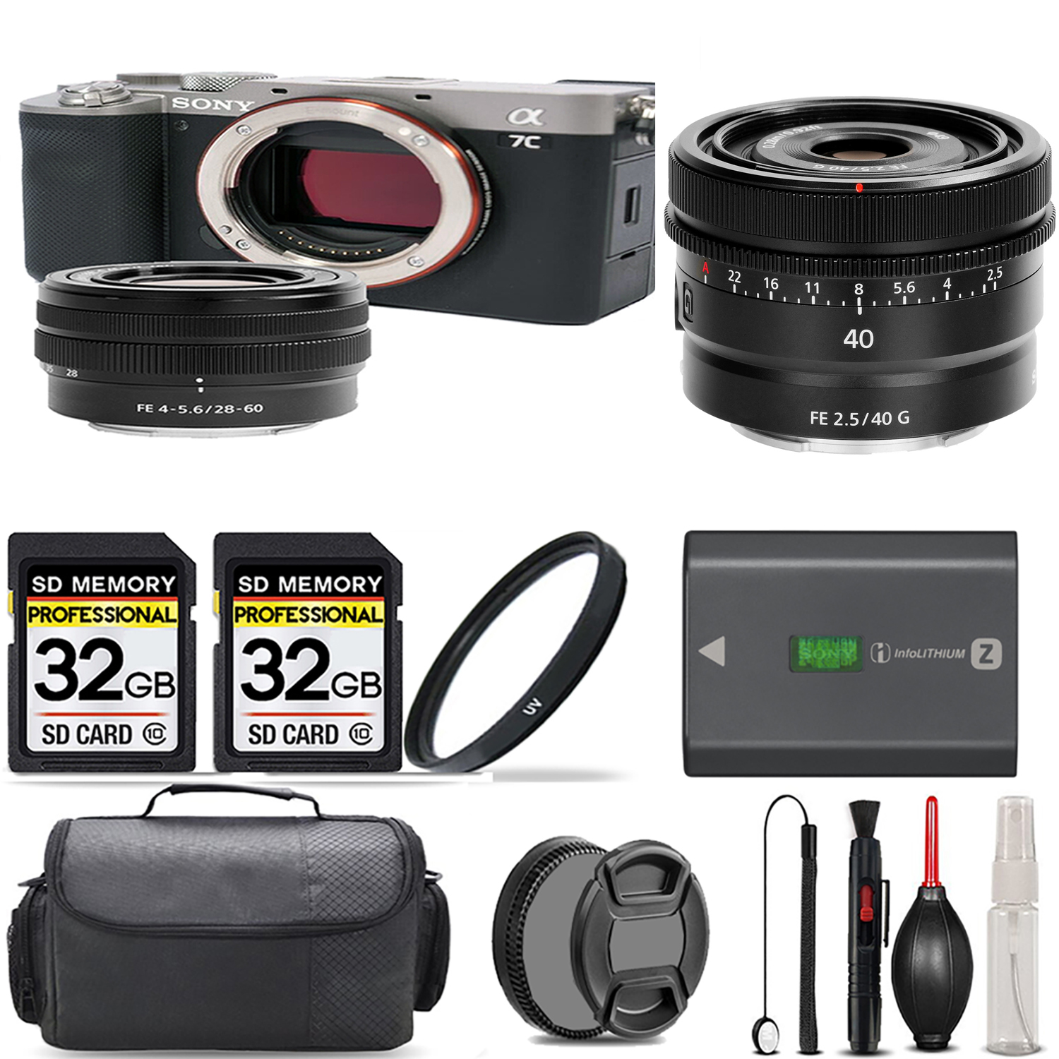 Alpha a7C Camera (Silver) + 28-60mm Lens + 40mm G Lens + UV Filter + 64GB & More! *FREE SHIPPING*