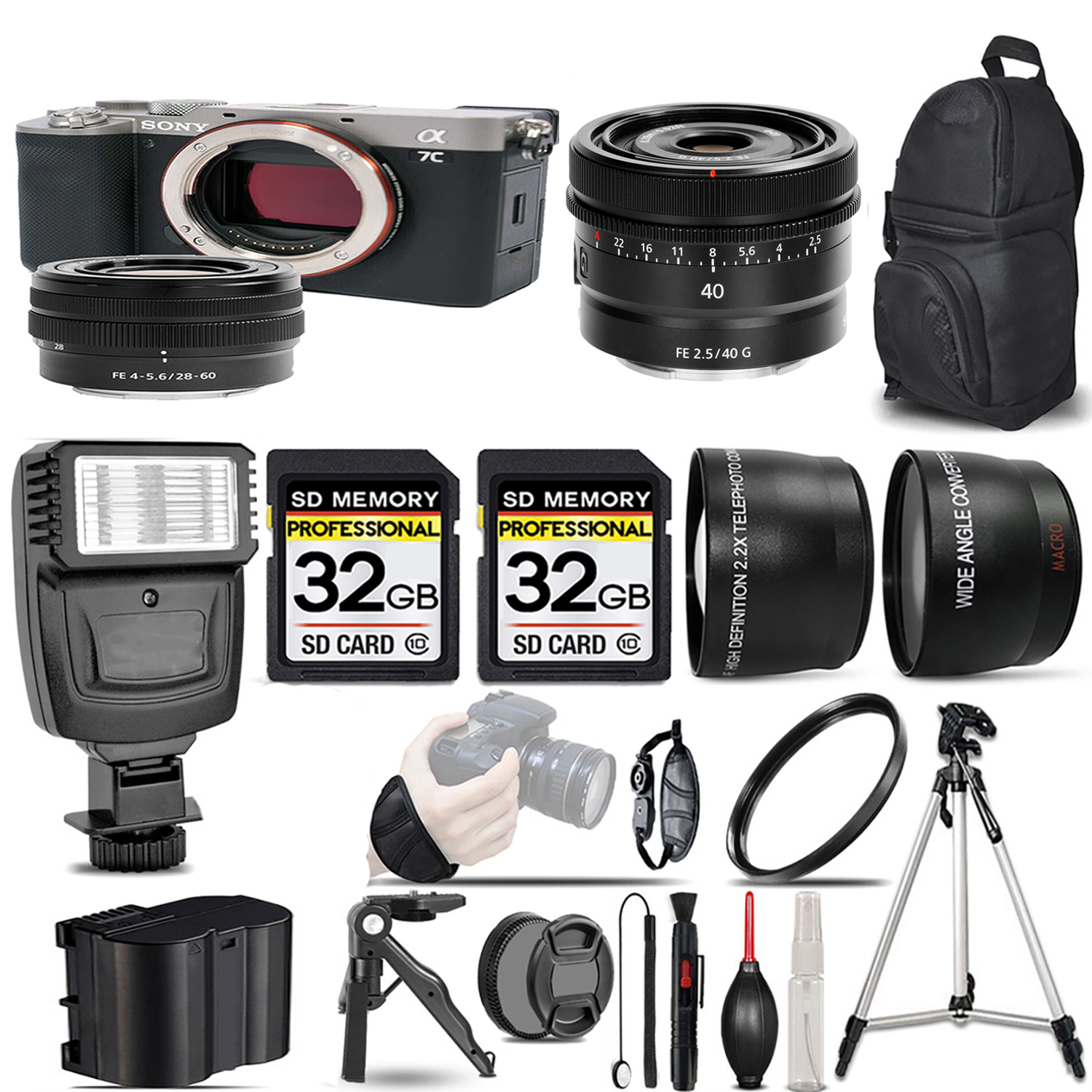 Alpha a7C Camera (Silver) + 28-60mm Lens + 40mm f/2.5 G Lens + Flash + 64GB *FREE SHIPPING*
