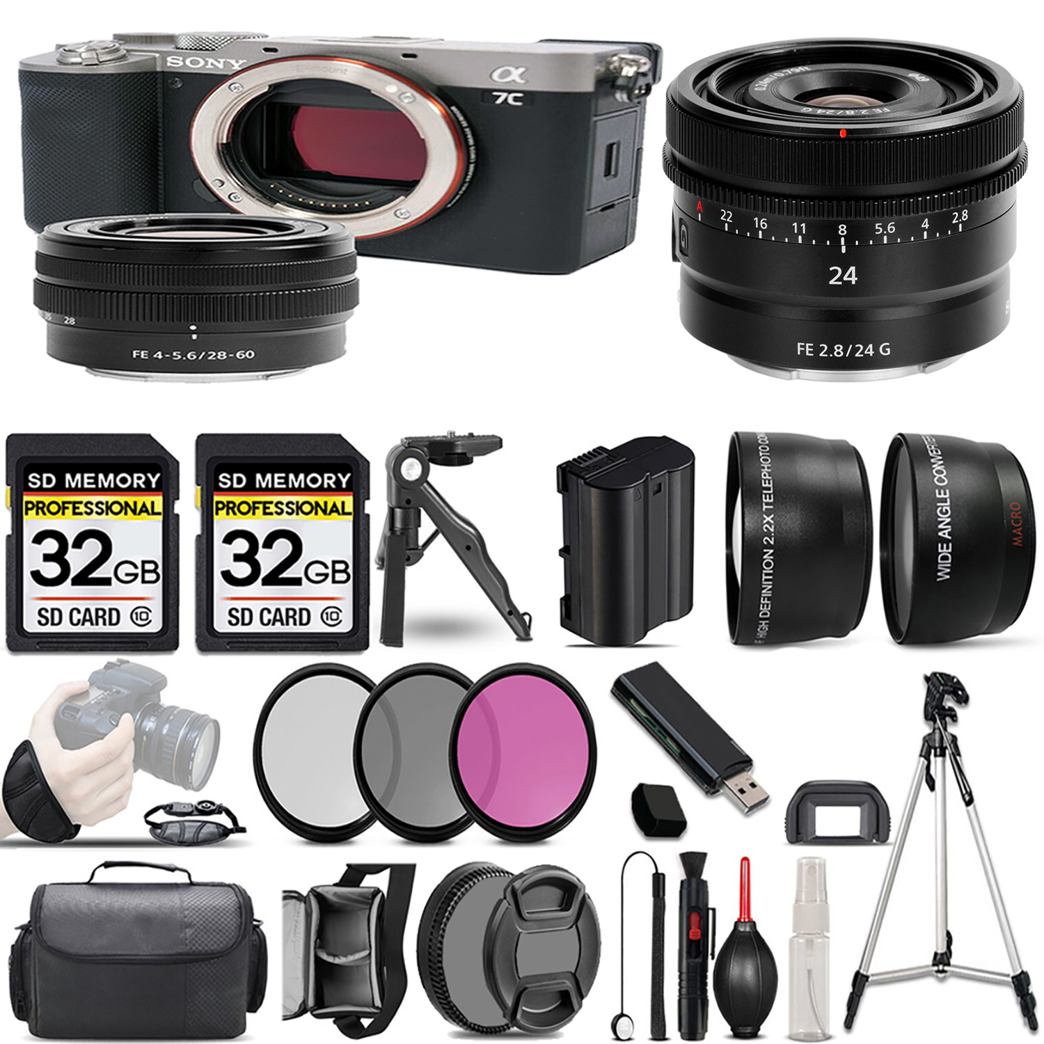 Alpha a7C Camera (Silver) + 28-60mm Lens + 24mm G Lens + 3 Piece Filter Set + 64GB *FREE SHIPPING*