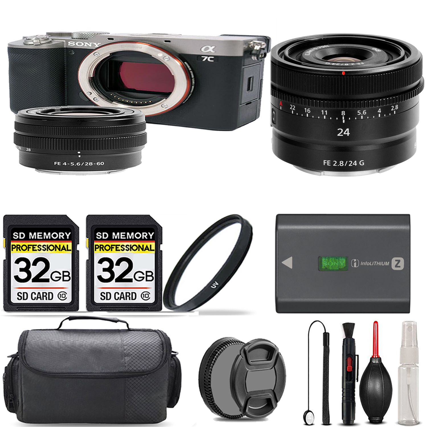 Alpha a7C Camera (Silver) + 28-60mm Lens + 24mm G Lens + UV Filter + 64GB & More! *FREE SHIPPING*