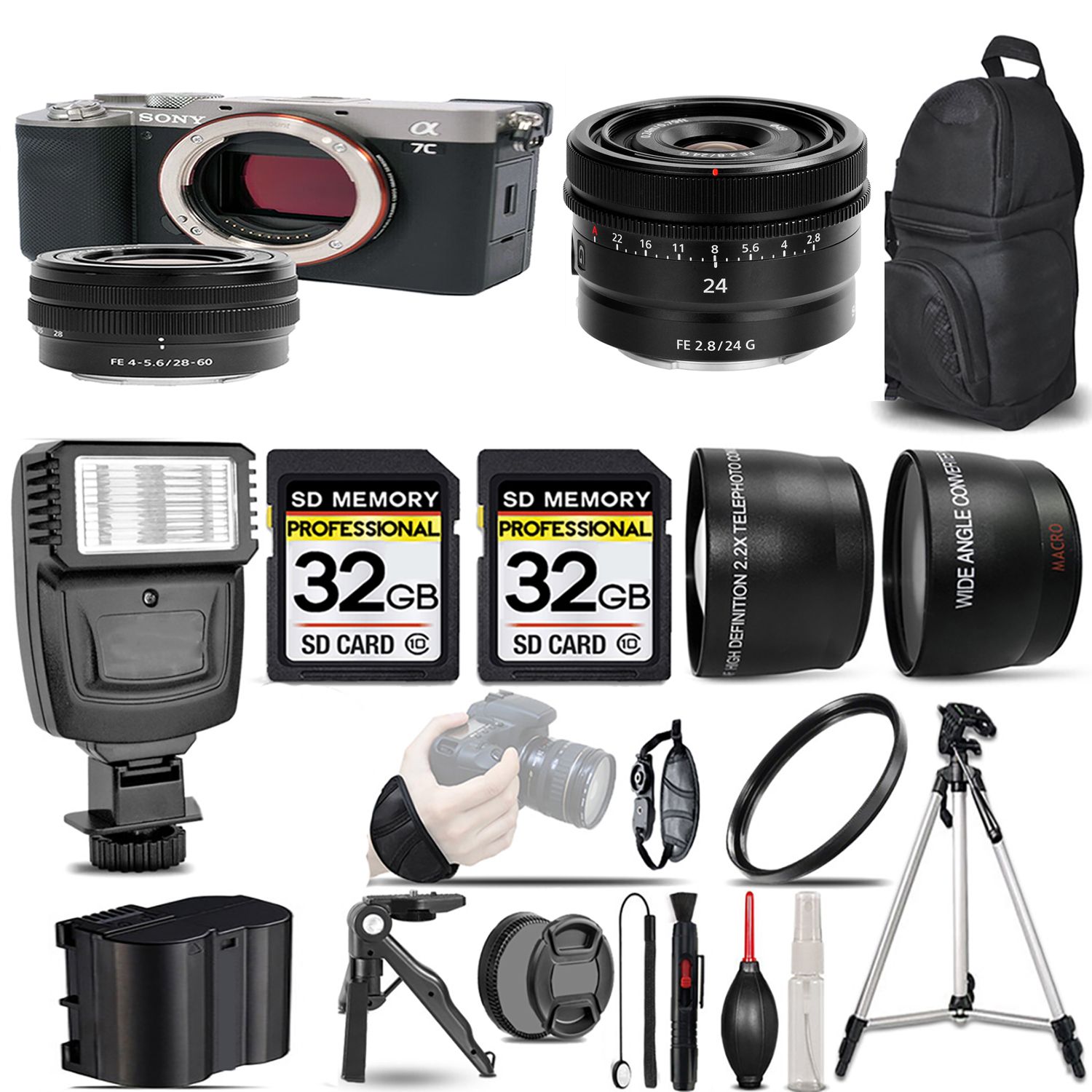 Alpha a7C Camera (Silver) + 28-60mm Lens + 24mm f/2.8 G Lens + Flash + 64GB *FREE SHIPPING*
