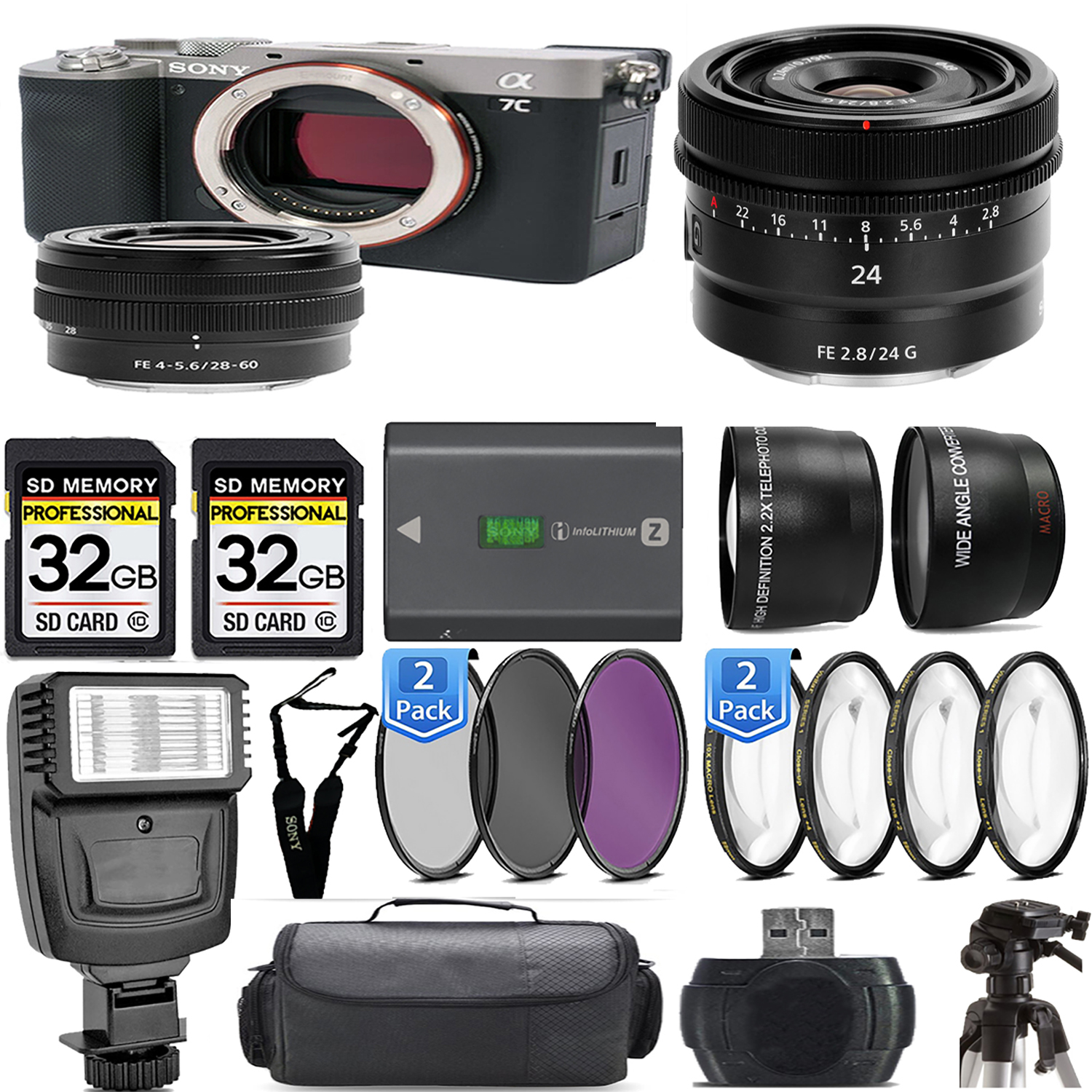 Alpha a7C Mirrorless Camera (Silver) + 28-60mm Lens + 24mm f/2.8 G Lens + Flash - Kit *FREE SHIPPING*