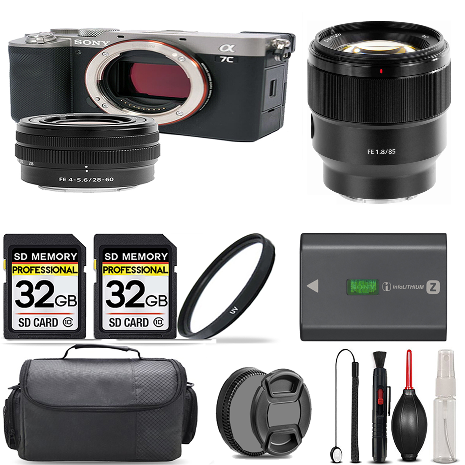 Alpha a7C Camera (Silver) + 28-60mm Lens + 85mm Lens + UV Filter + 64GB & More! *FREE SHIPPING*