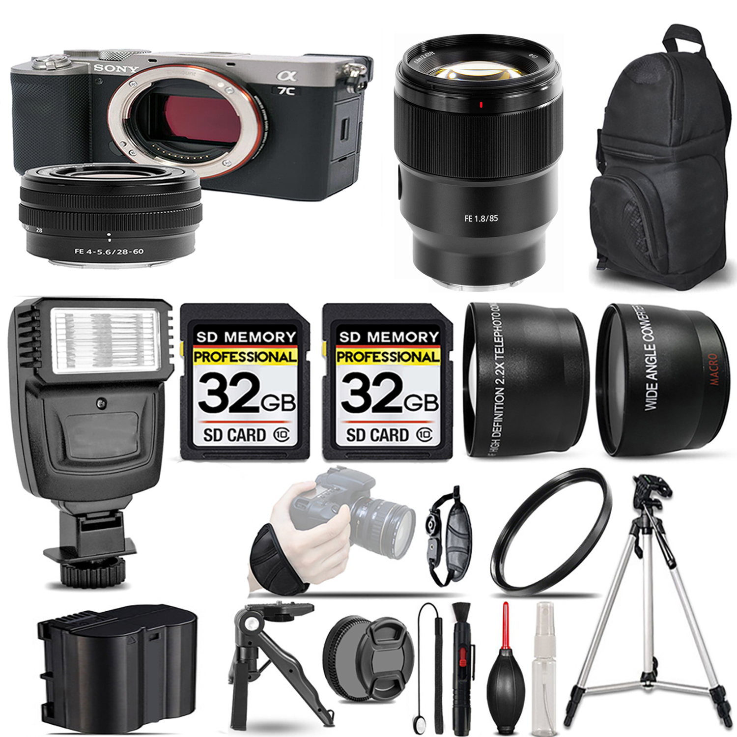 Alpha a7C Mirrorless Camera (Silver) + 28-60mm Lens + 85mm f/1.8 Lens + Flash + 64GB *FREE SHIPPING*