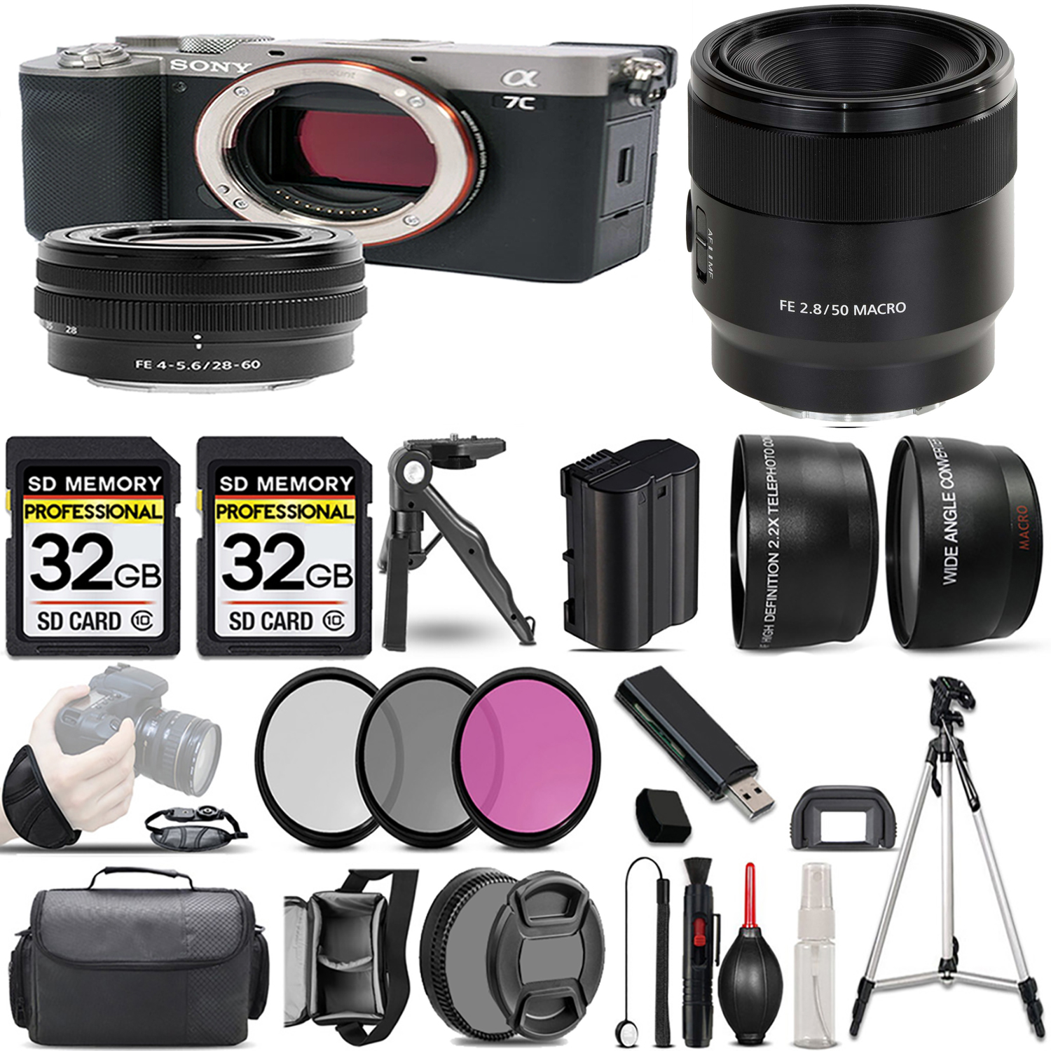 Alpha a7C Camera (Silver) + 28-60mm Lens + 50mm Macro Lens + 3 Piece Filter Set + 64GB *FREE SHIPPING*