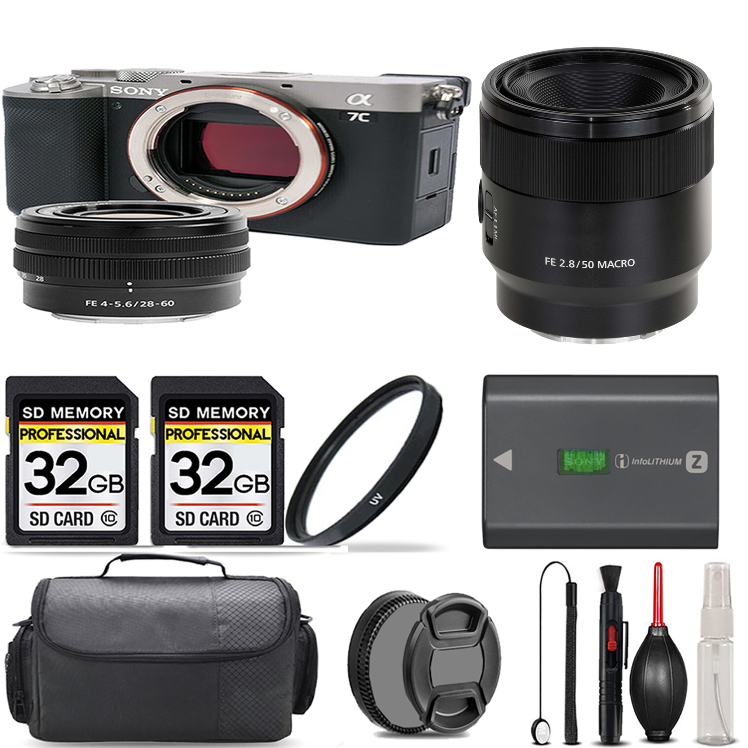 Alpha a7C Camera (Silver) + 28-60mm Lens + 50mm Macro Lens + UV Filter + 64GB Kit *FREE SHIPPING*