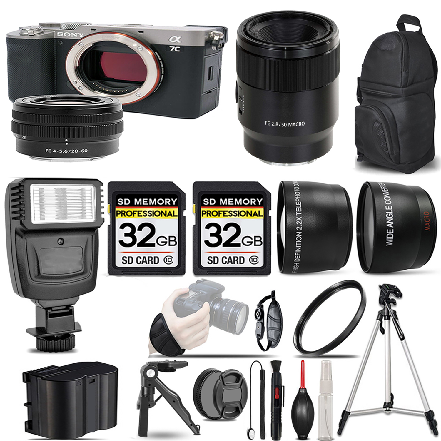 Alpha a7C Camera (Silver) + 28-60mm Lens + 50mm f/2.8 Macro Lens + Flash + 64GB *FREE SHIPPING*