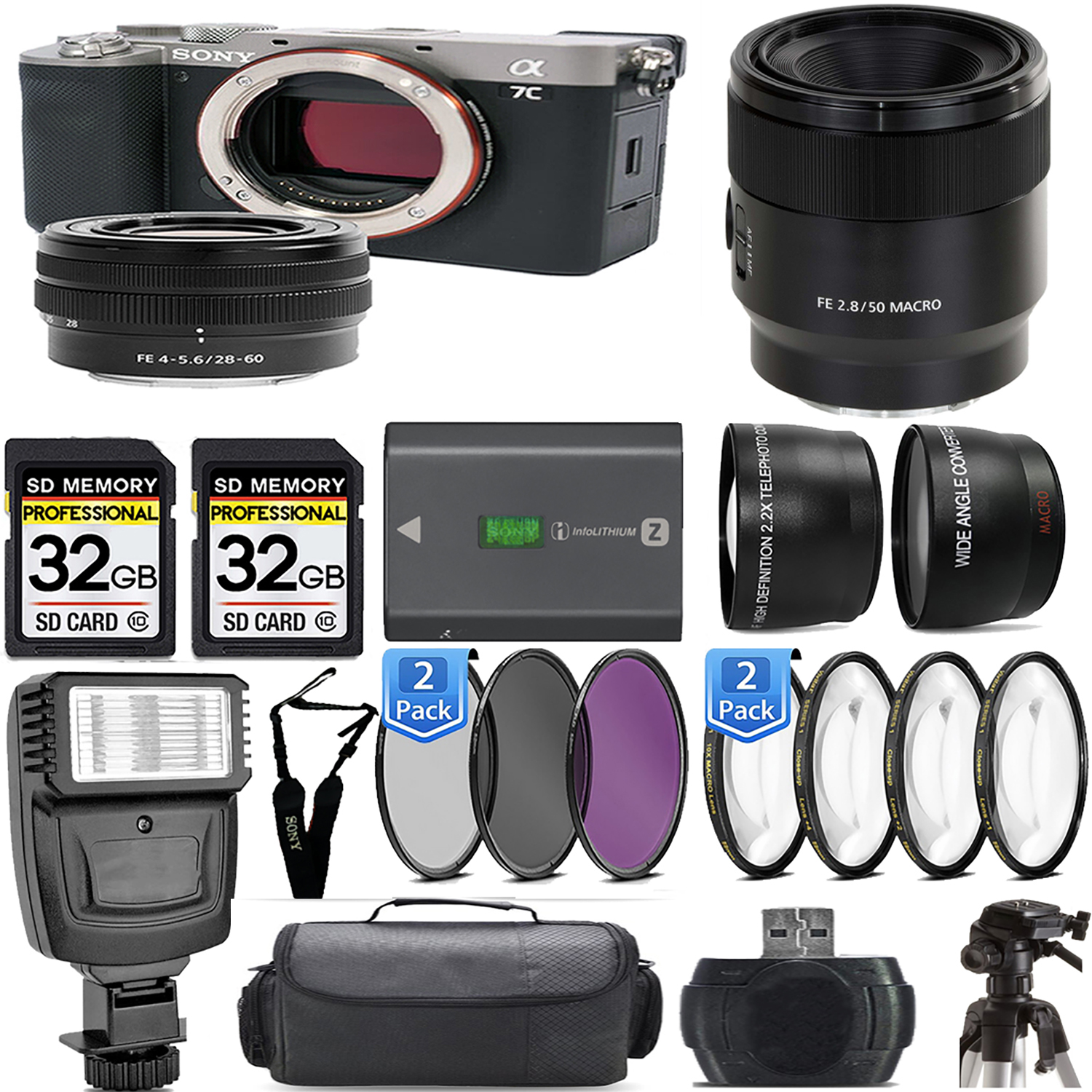 Alpha a7C Camera (Silver) + 28-60mm Lens + 50mm f/2.8 Macro Lens + Flash - Kit *FREE SHIPPING*