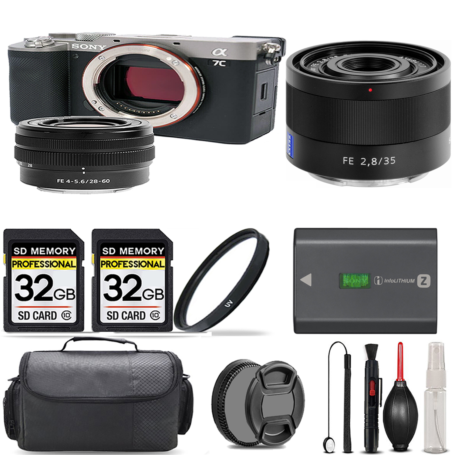 Alpha a7C Camera (Silver) + 28-60mm Lens + 35mm f/2.8 Lens + UV Filter + 64GB Kit *FREE SHIPPING*